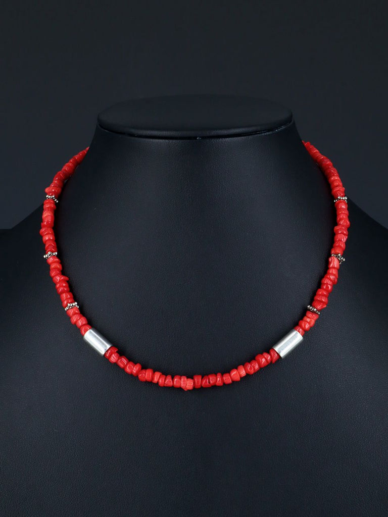 Navajo 16" Dyed Bamboo Coral Single Strand Bead Necklace - PuebloDirect.com