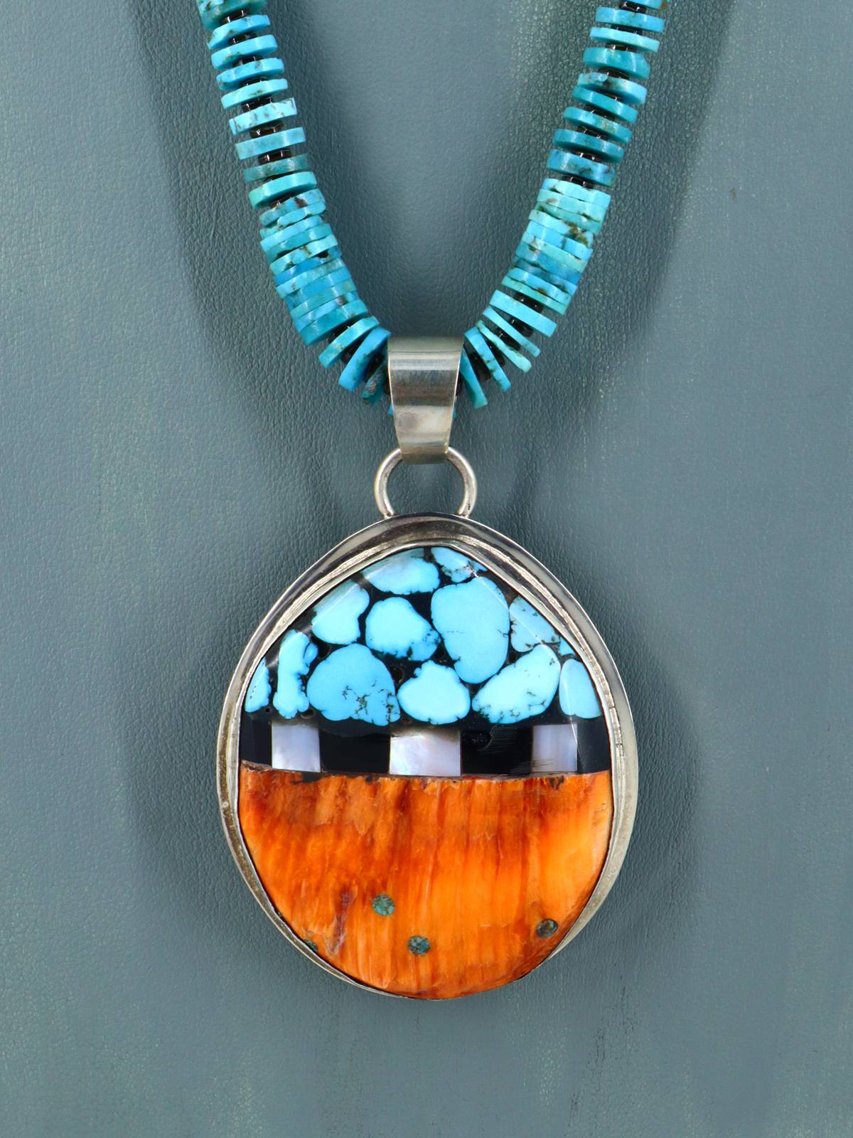 Native American Santo Domingo Spiny Oyster and Turquoise Necklace P255 - PuebloDirect.com
