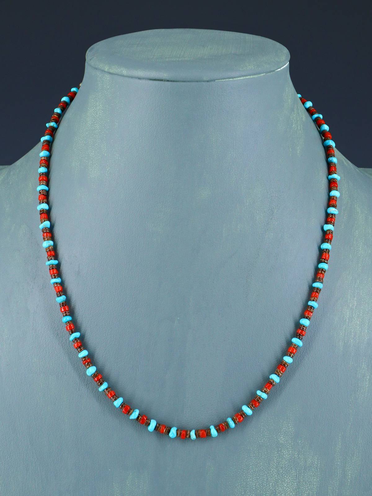 Navajo Single Strand Natural Coral and Turquoise Necklace - PuebloDirect.com