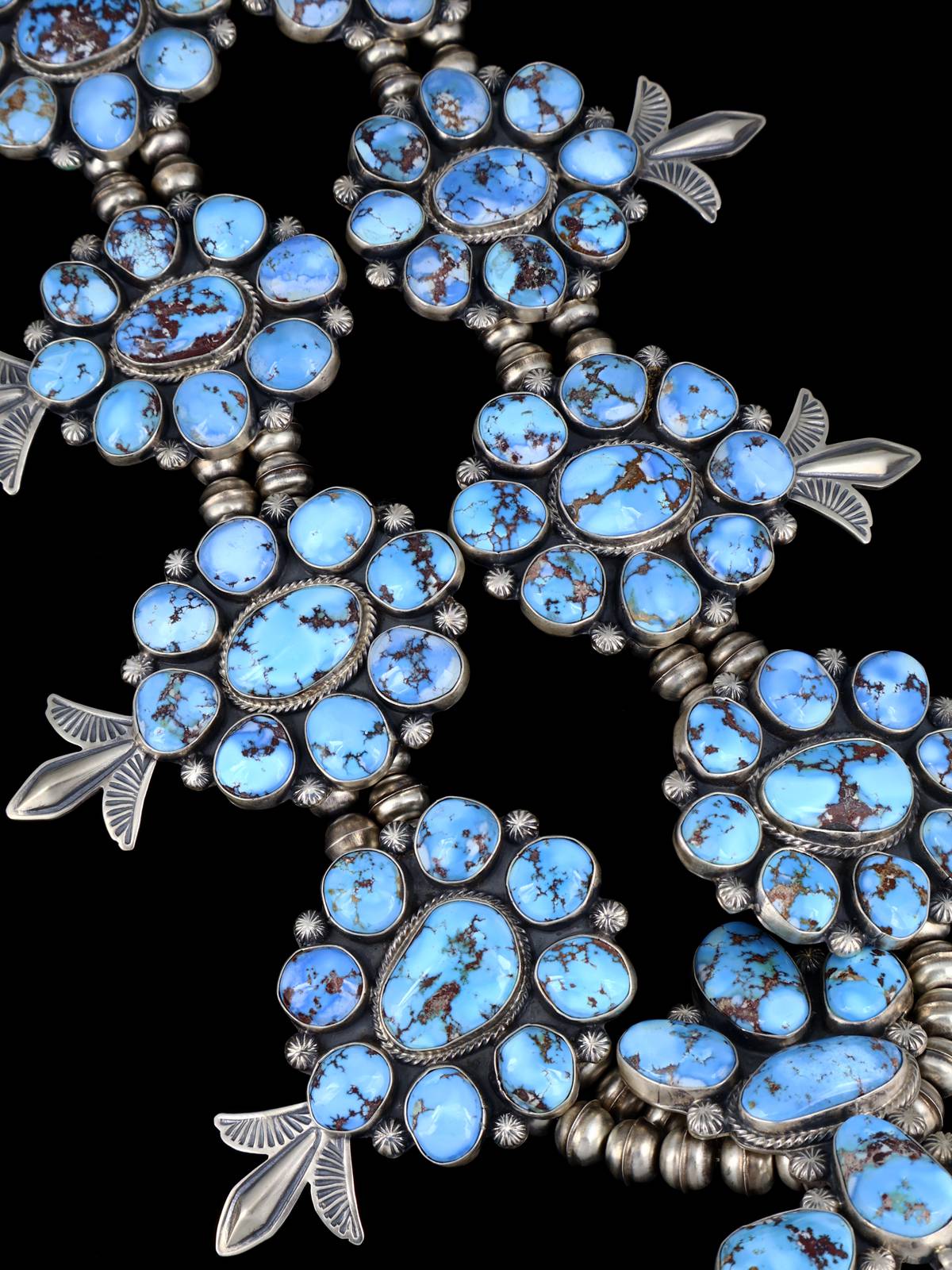 Navajo Sterling Silver Golden Hill Turquoise Squash Blossom Necklace - PuebloDirect.com