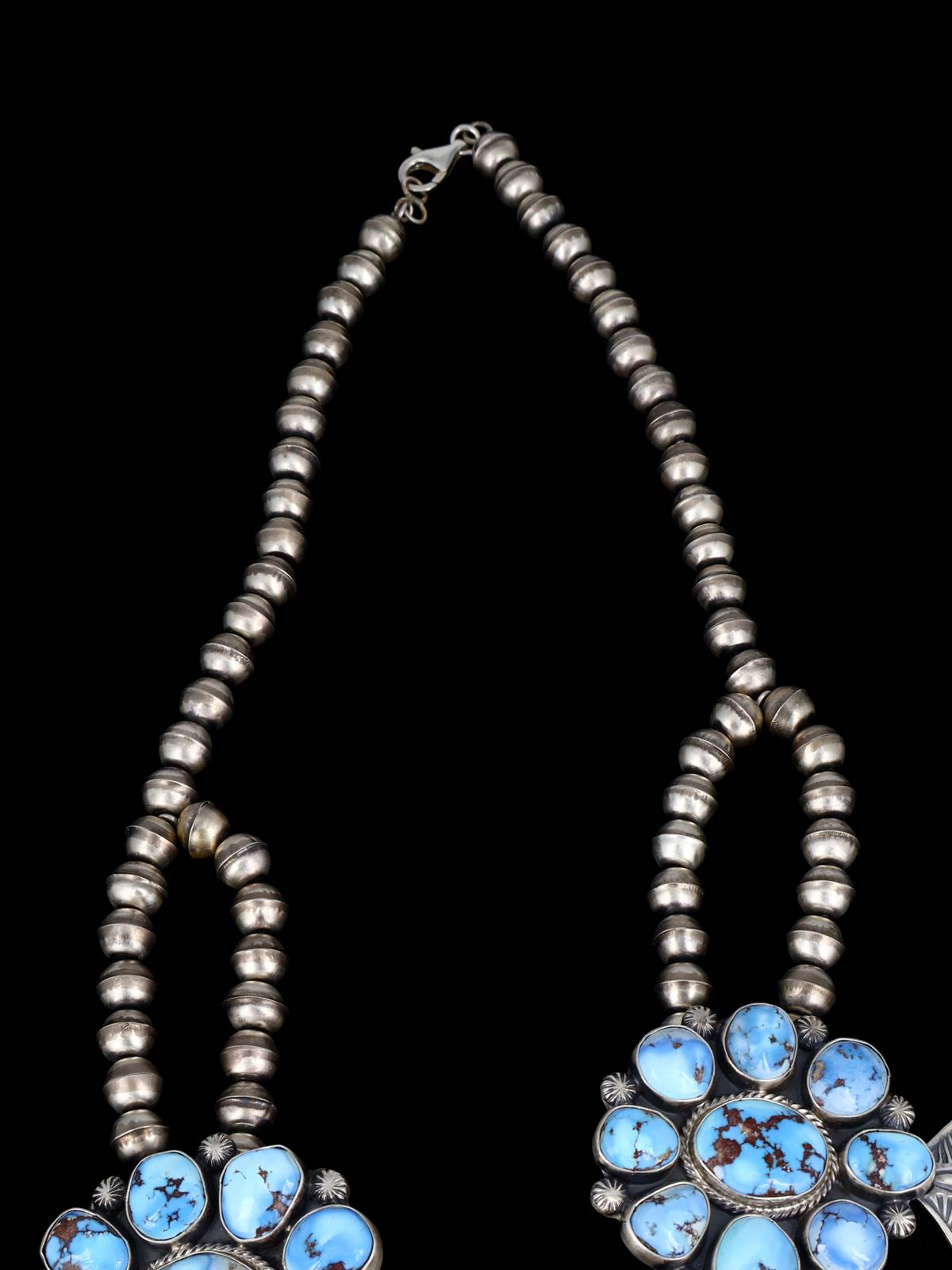 Navajo Sterling Silver Golden Hill Turquoise Squash Blossom Necklace - PuebloDirect.com