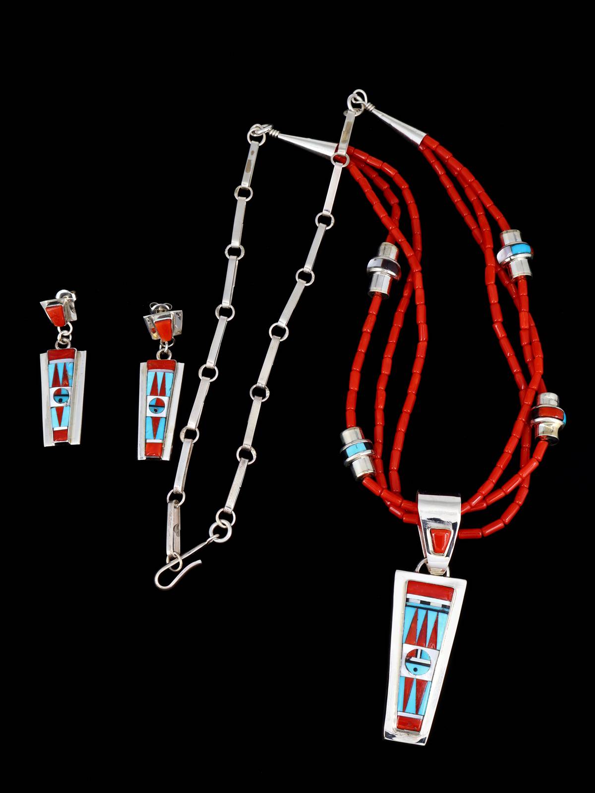 Multistone Sterling Silver Zuni Inlay Necklace and Earring Set - PuebloDirect.com