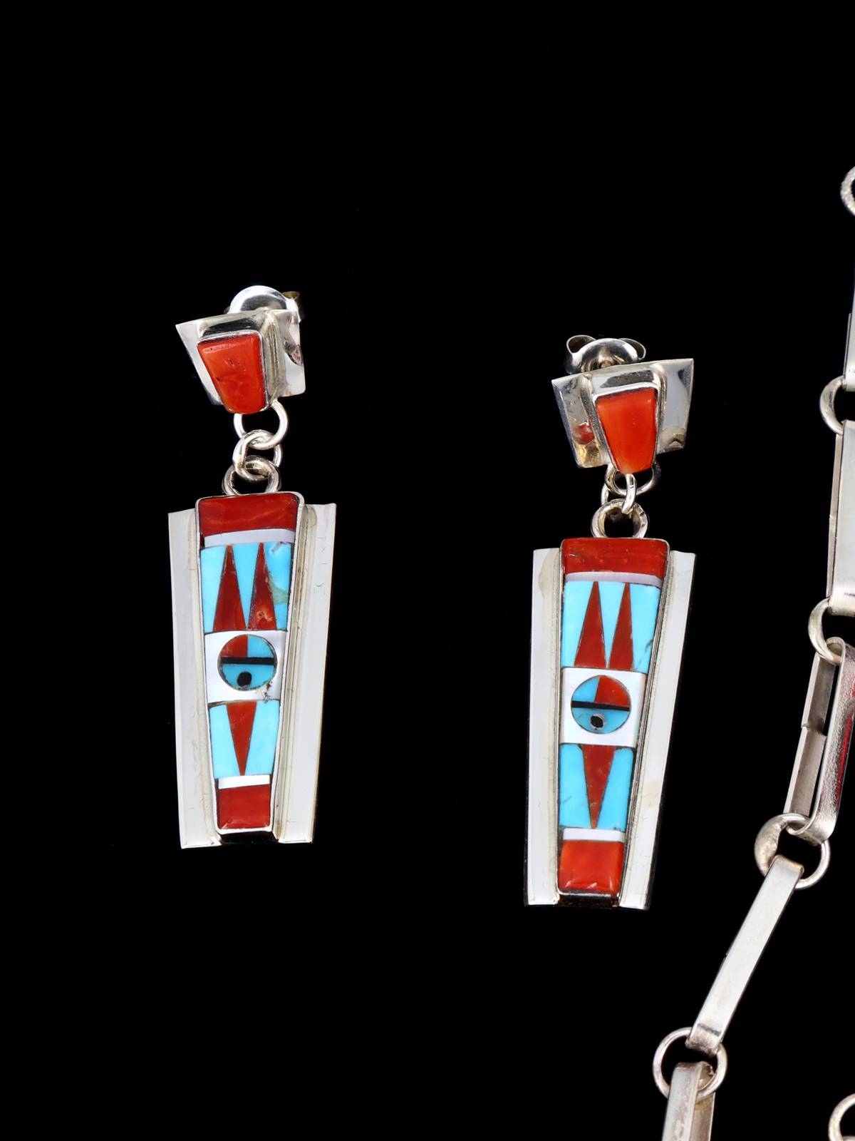 Multistone Sterling Silver Zuni Inlay Necklace and Earring Set - PuebloDirect.com