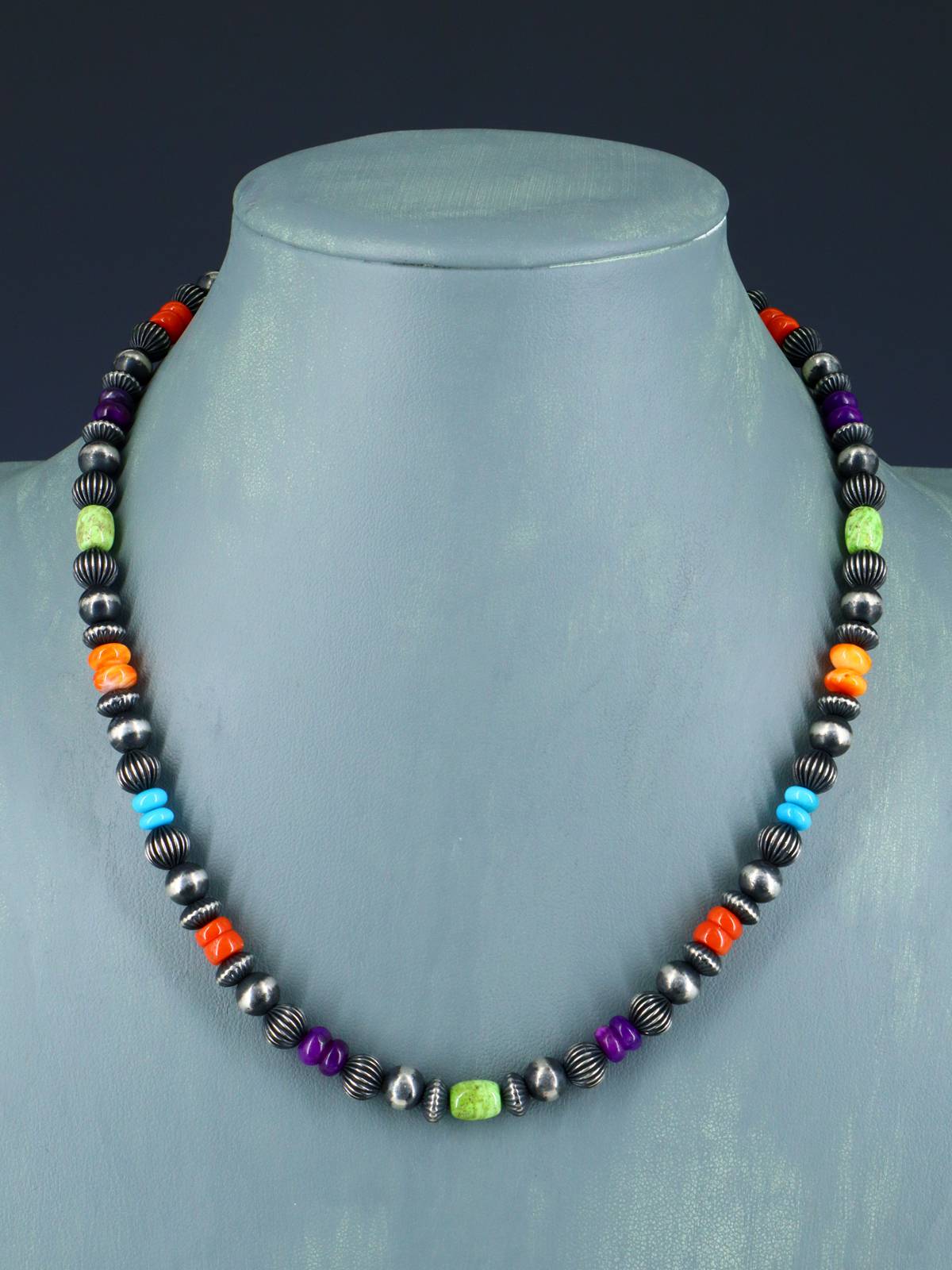 18" Multistone Sterling Silver Bead Necklace - PuebloDirect.com