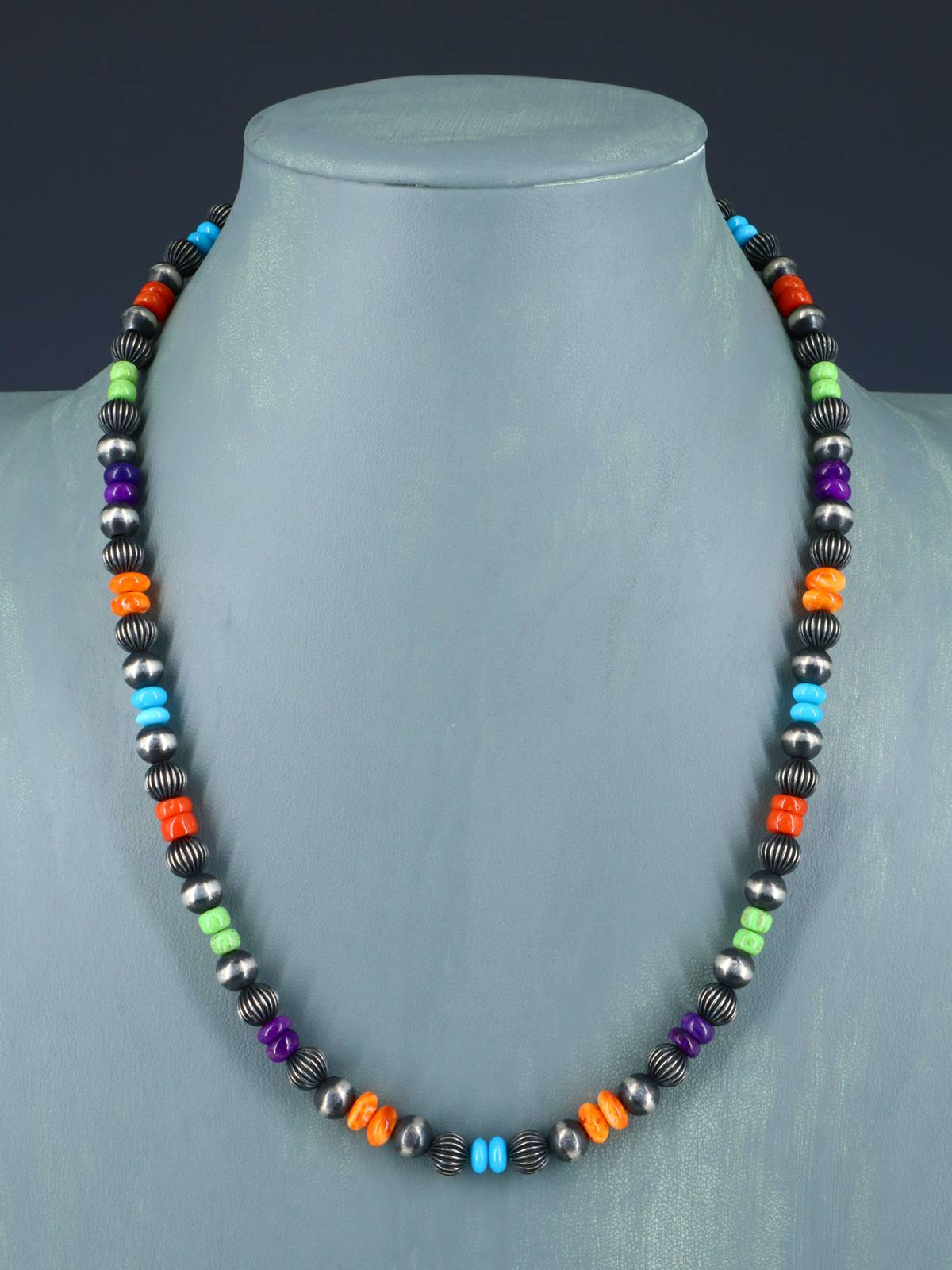 20" Multistone Sterling Silver Bead Necklace - PuebloDirect.com