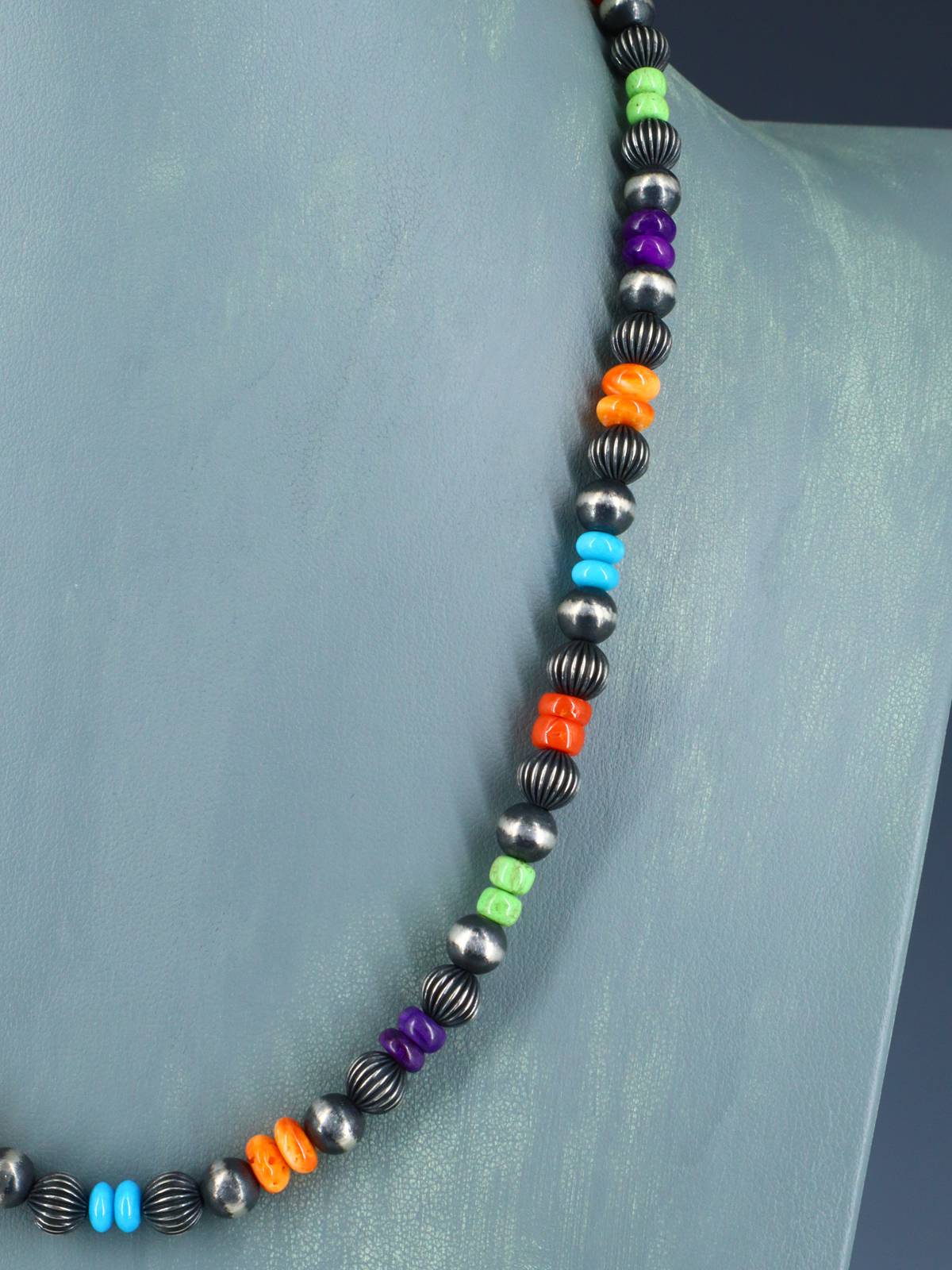 20" Multistone Sterling Silver Bead Necklace - PuebloDirect.com