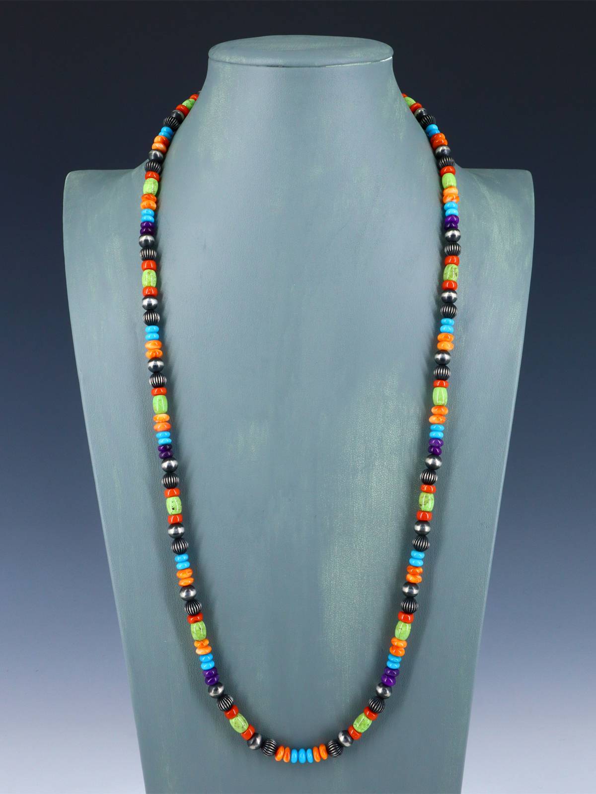 30" Multistone Sterling Silver Bead Necklace - PuebloDirect.com