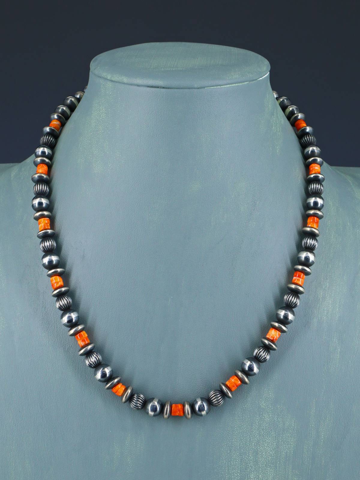 18" Spiny Oyster and Sterling Silver Bead Necklace - PuebloDirect.com