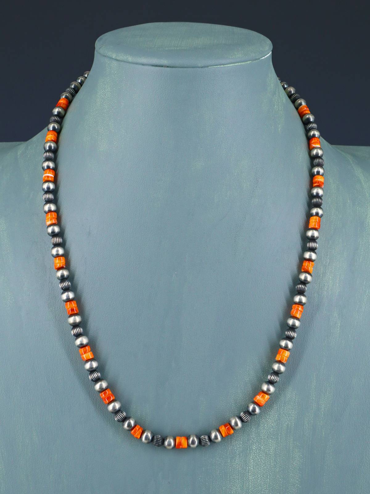 20" Spiny Oyster and Sterling Silver Bead Necklace - PuebloDirect.com