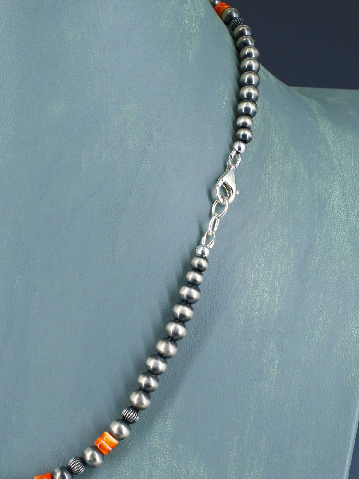 20" Spiny Oyster and Sterling Silver Bead Necklace - PuebloDirect.com