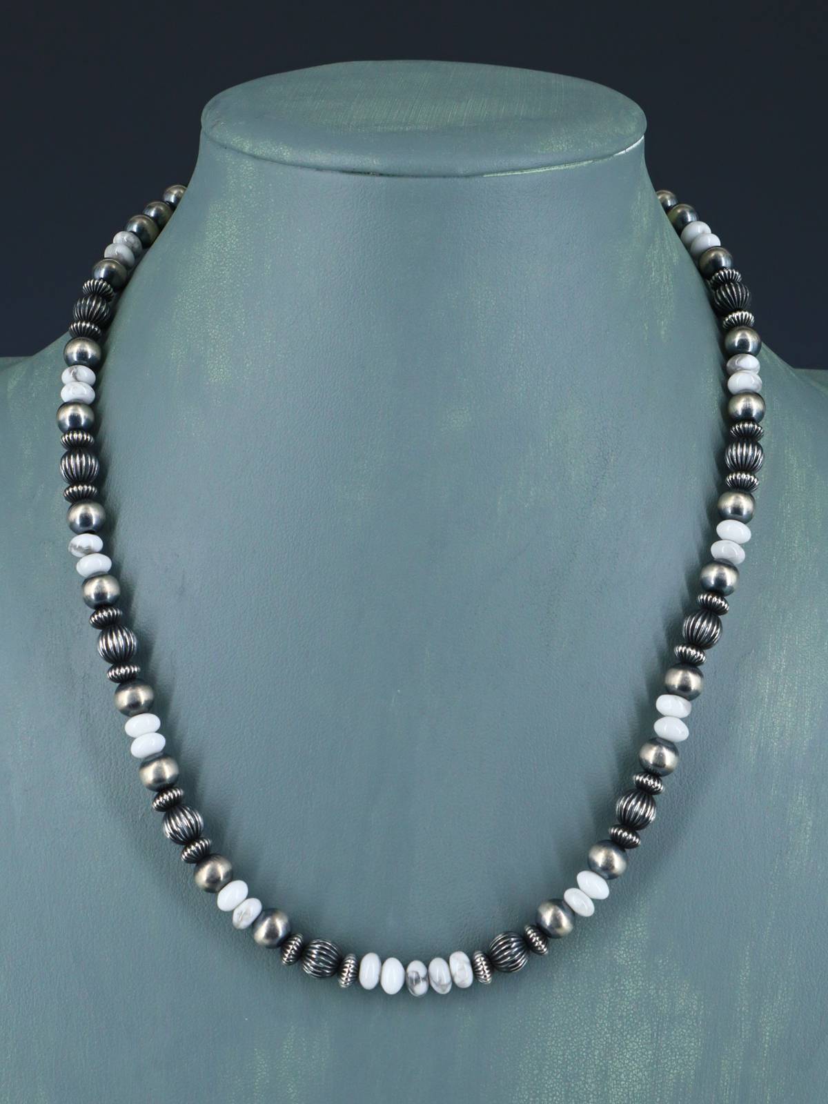 18" White Marble and Sterling Silver Bead Necklace - PuebloDirect.com