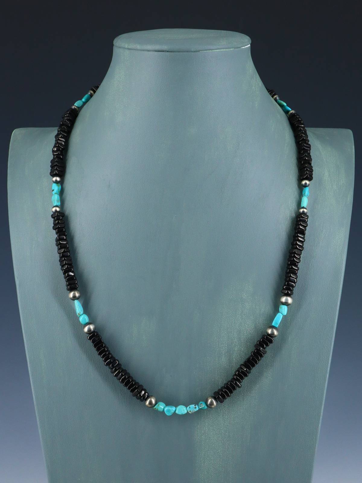 Native American Single Strand Jet and Turquoise Necklace - PuebloDirect.com
