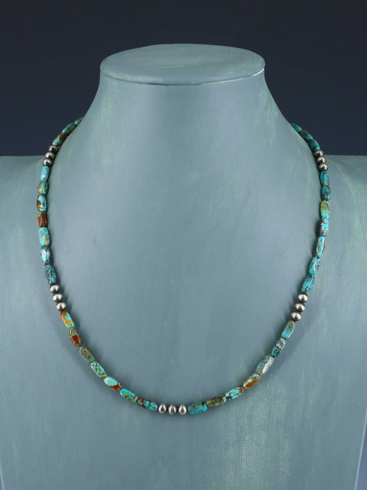 Native American Turquoise and Silver Beaded Necklace - PuebloDirect.com