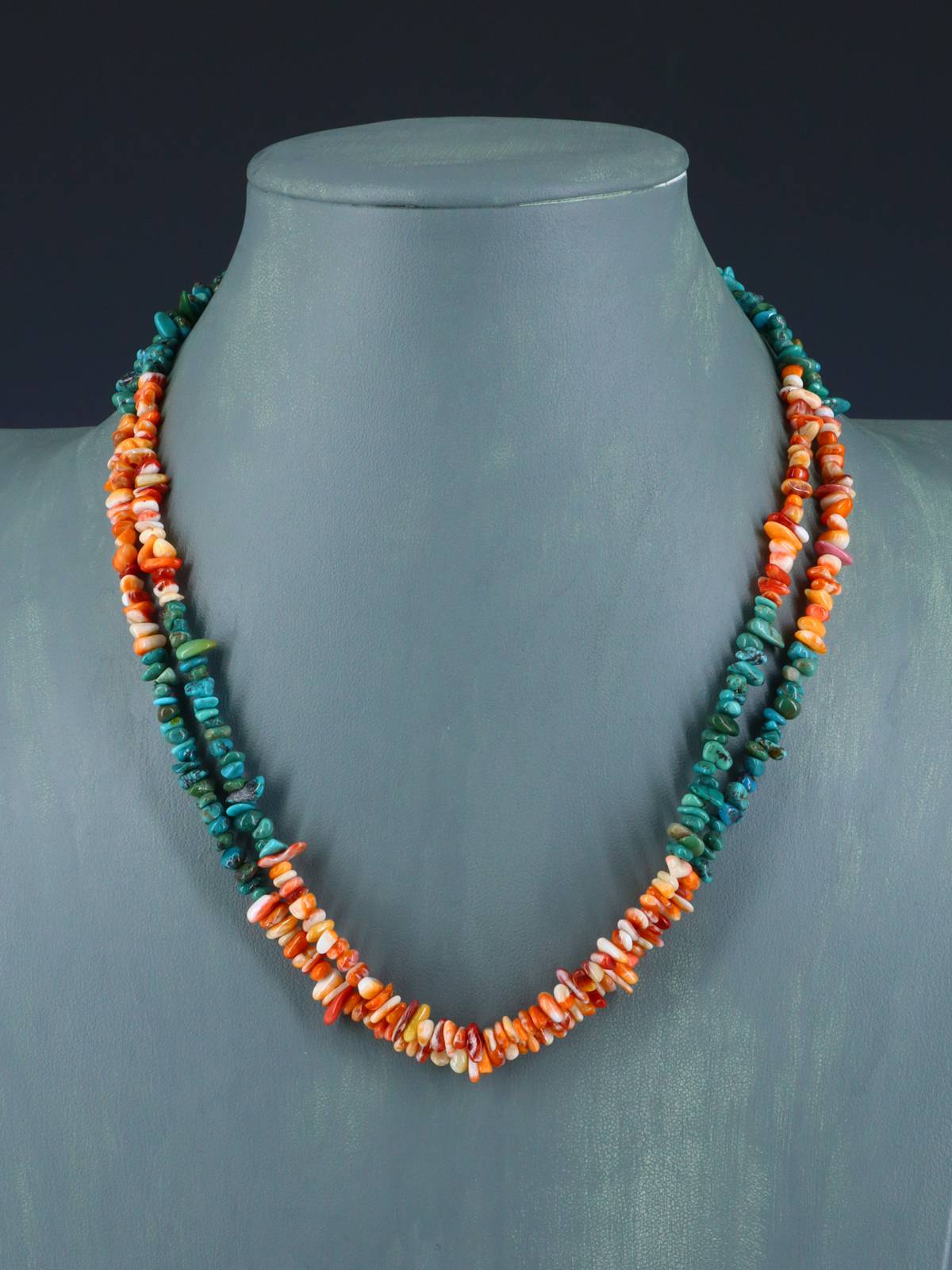 18" Native American Two Strand Turquoise and Spiny Oyster Necklace - PuebloDirect.com