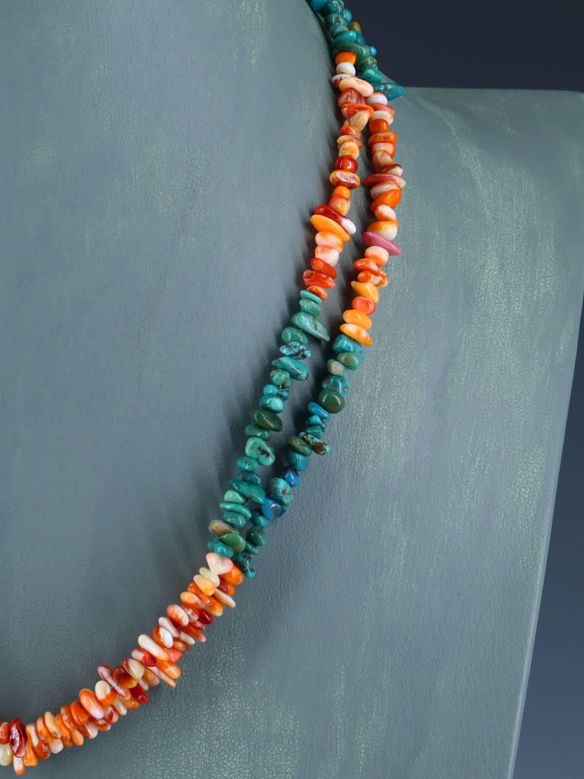 18" Native American Two Strand Turquoise and Spiny Oyster Necklace - PuebloDirect.com
