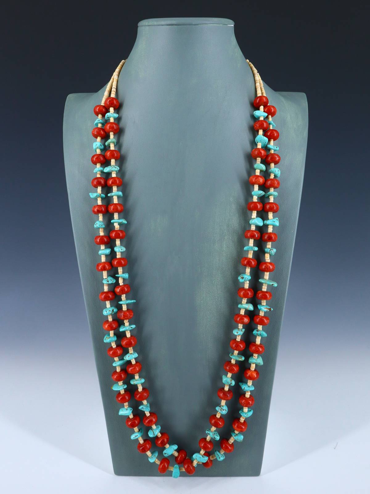 Native American Two Strand Apple Coral and Turquoise Necklace - PuebloDirect.com