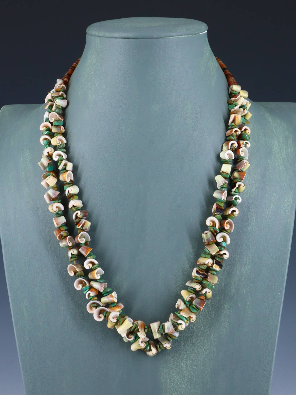 Native American Santo Domingo Turquoise and Green Snail Shell Necklace - PuebloDirect.com