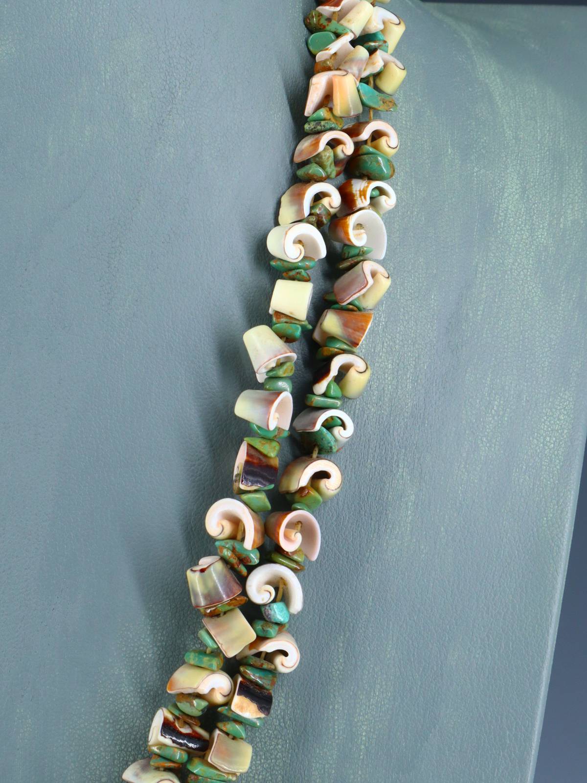Native American Santo Domingo Turquoise and Green Snail Shell Necklace - PuebloDirect.com