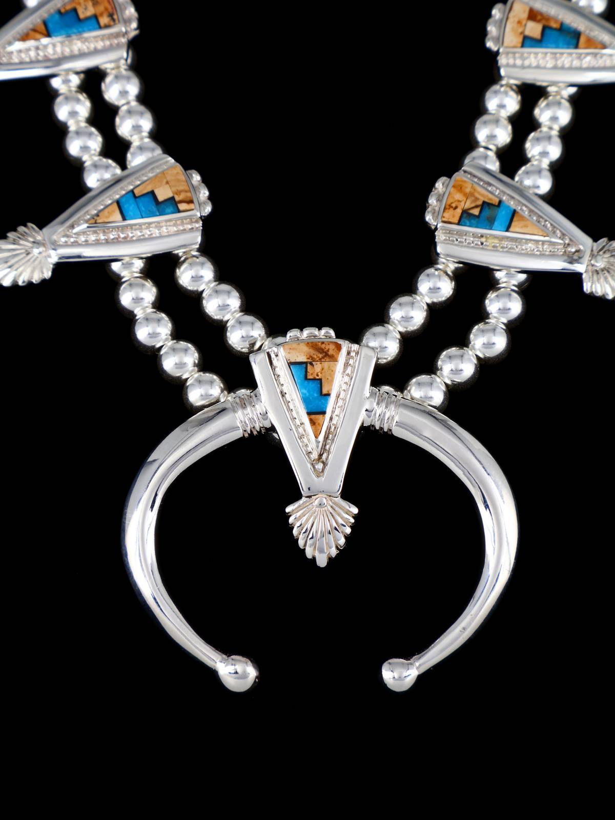 Navajo Inlay Multistone Sterling Silver Squash Blossom Necklace Set - PuebloDirect.com
