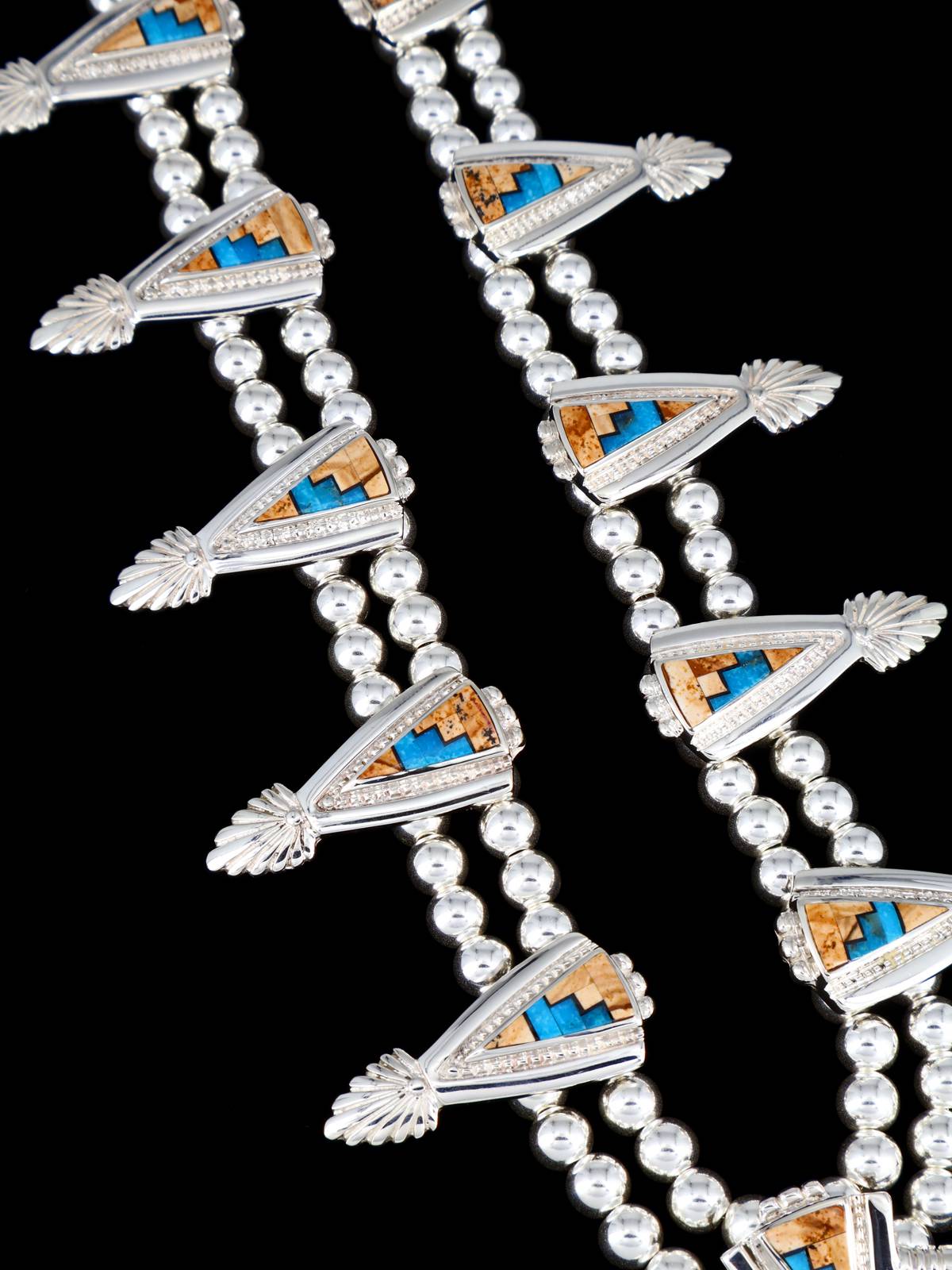 Navajo Inlay Multistone Sterling Silver Squash Blossom Necklace Set - PuebloDirect.com