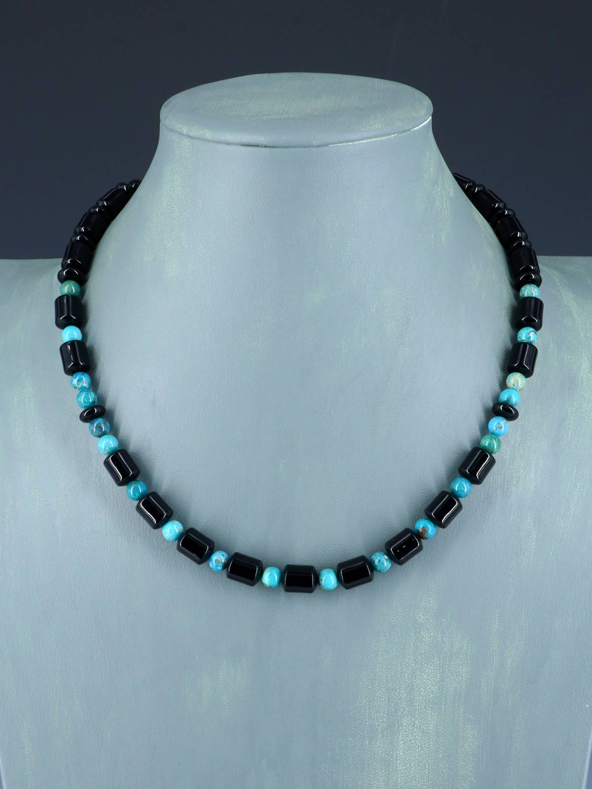 18" Native American Turquoise and Onyx Beaded Choker Necklace Set - PuebloDirect.com
