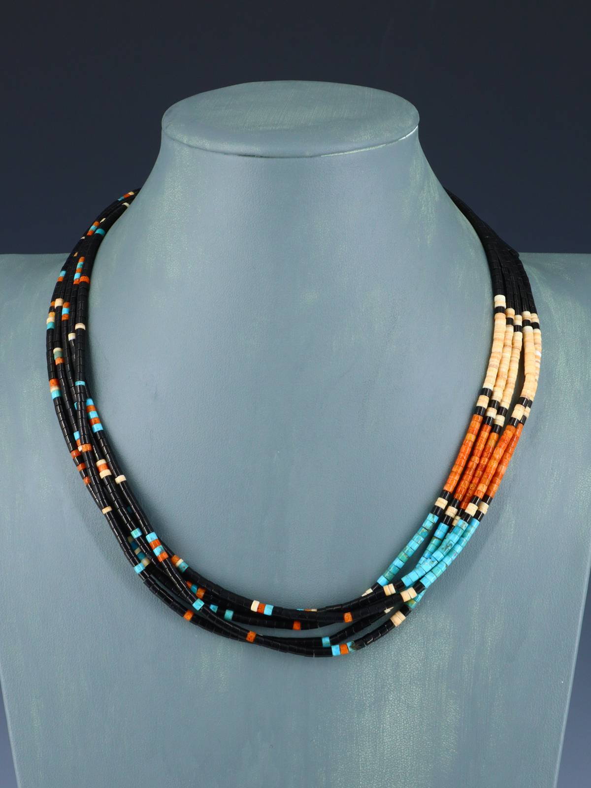 Santo Domingo Five Strand Apple Coral and Turquoise Necklace - PuebloDirect.com