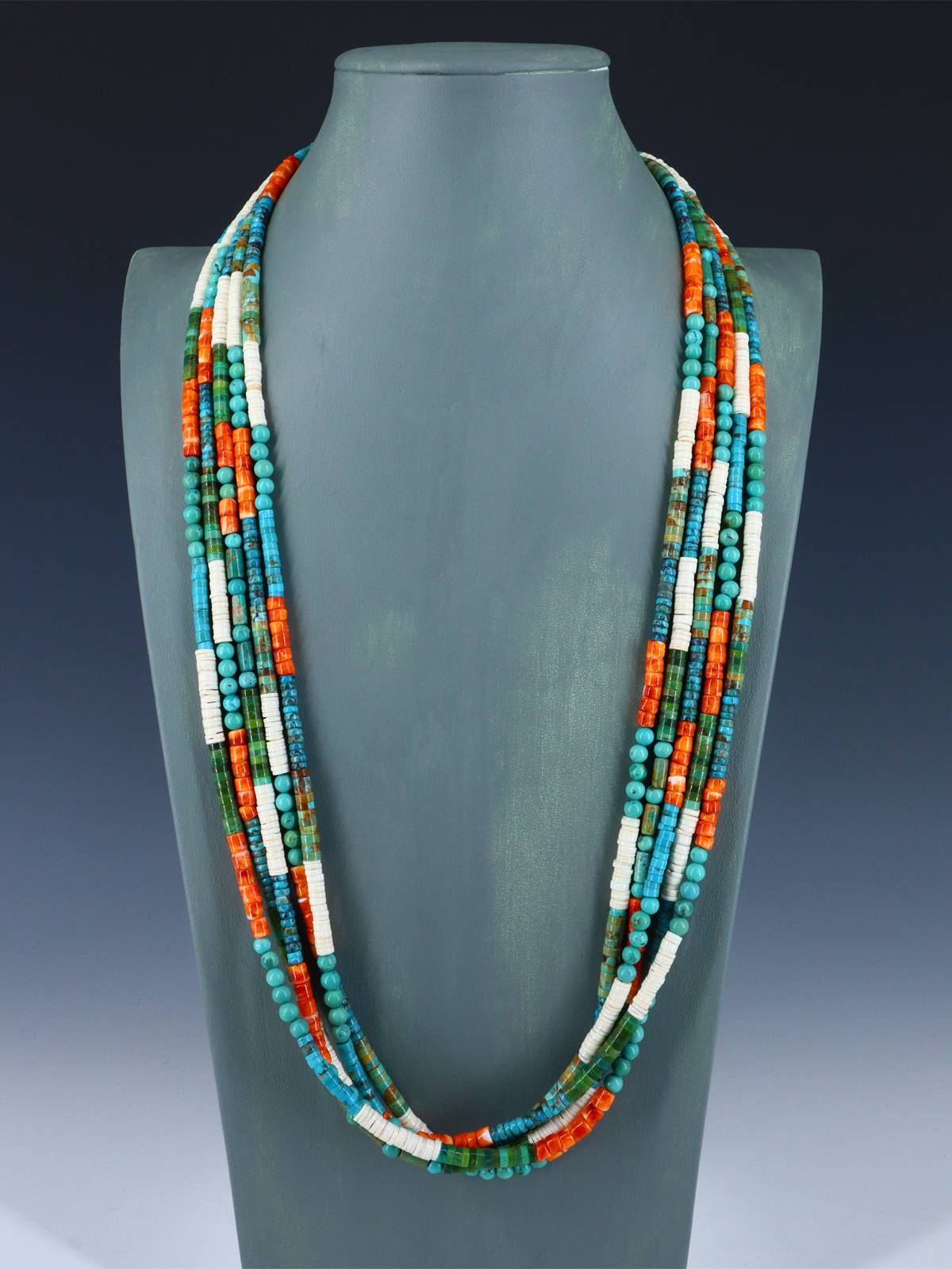Southwest Five Strand Turquoise and Spiny Oyster Necklace - PuebloDirect.com