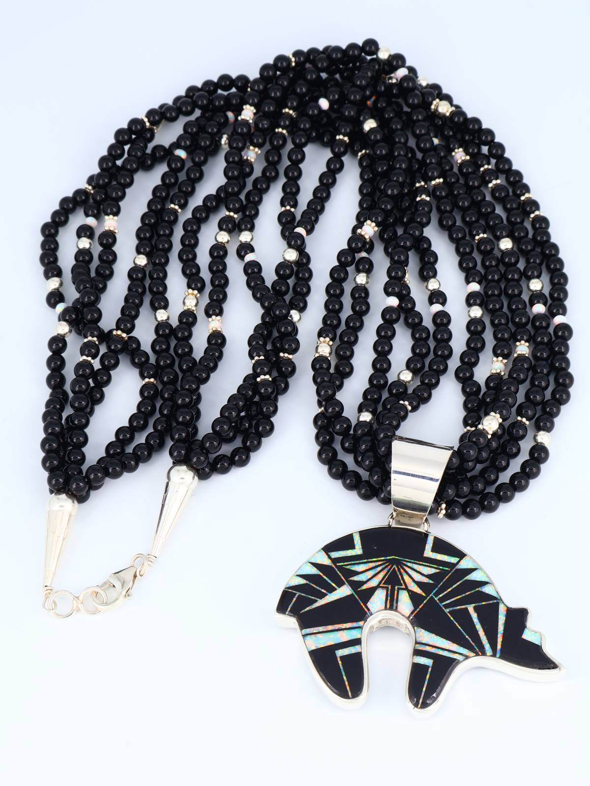 Native American Black Jade and Opalite Inlay Bear Pendant with Beaded Necklace - PuebloDirect.com