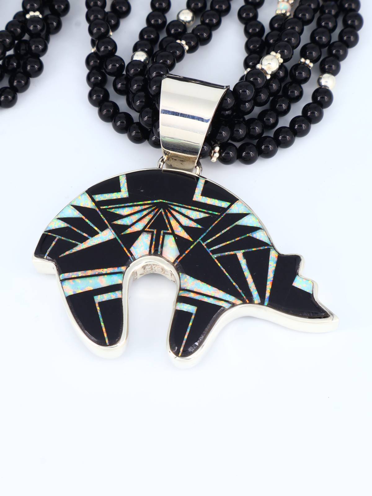 Native American Black Jade and Opalite Inlay Bear Pendant with Beaded Necklace - PuebloDirect.com