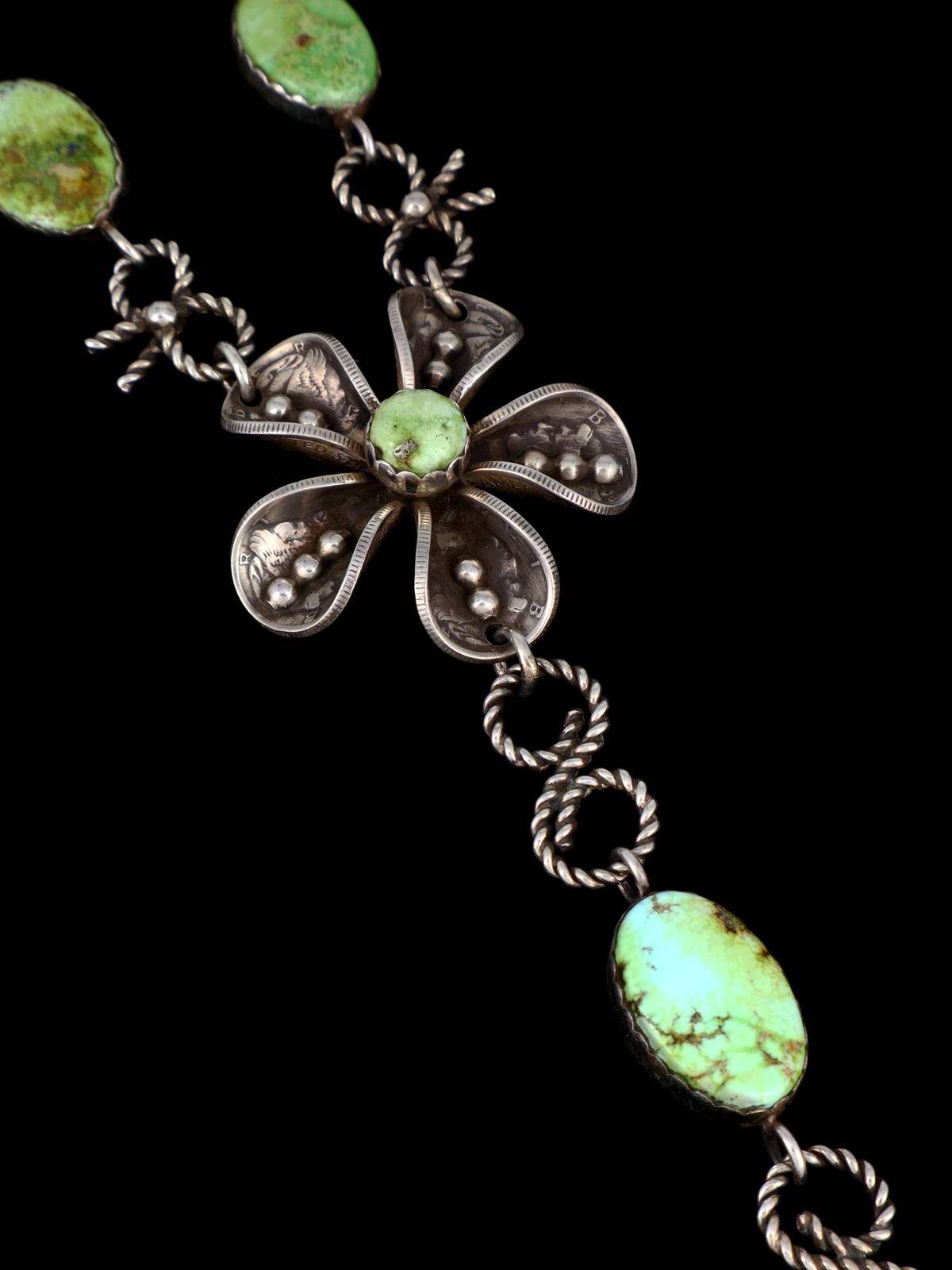 Native American Sterling Silver Palomino Variscite Lariat Flower Necklace - PuebloDirect.com