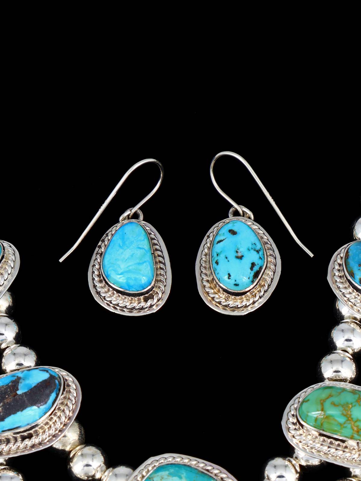 Native American Sterling Silver Royston Turquoise Squash Blossom Necklace Set - PuebloDirect.com
