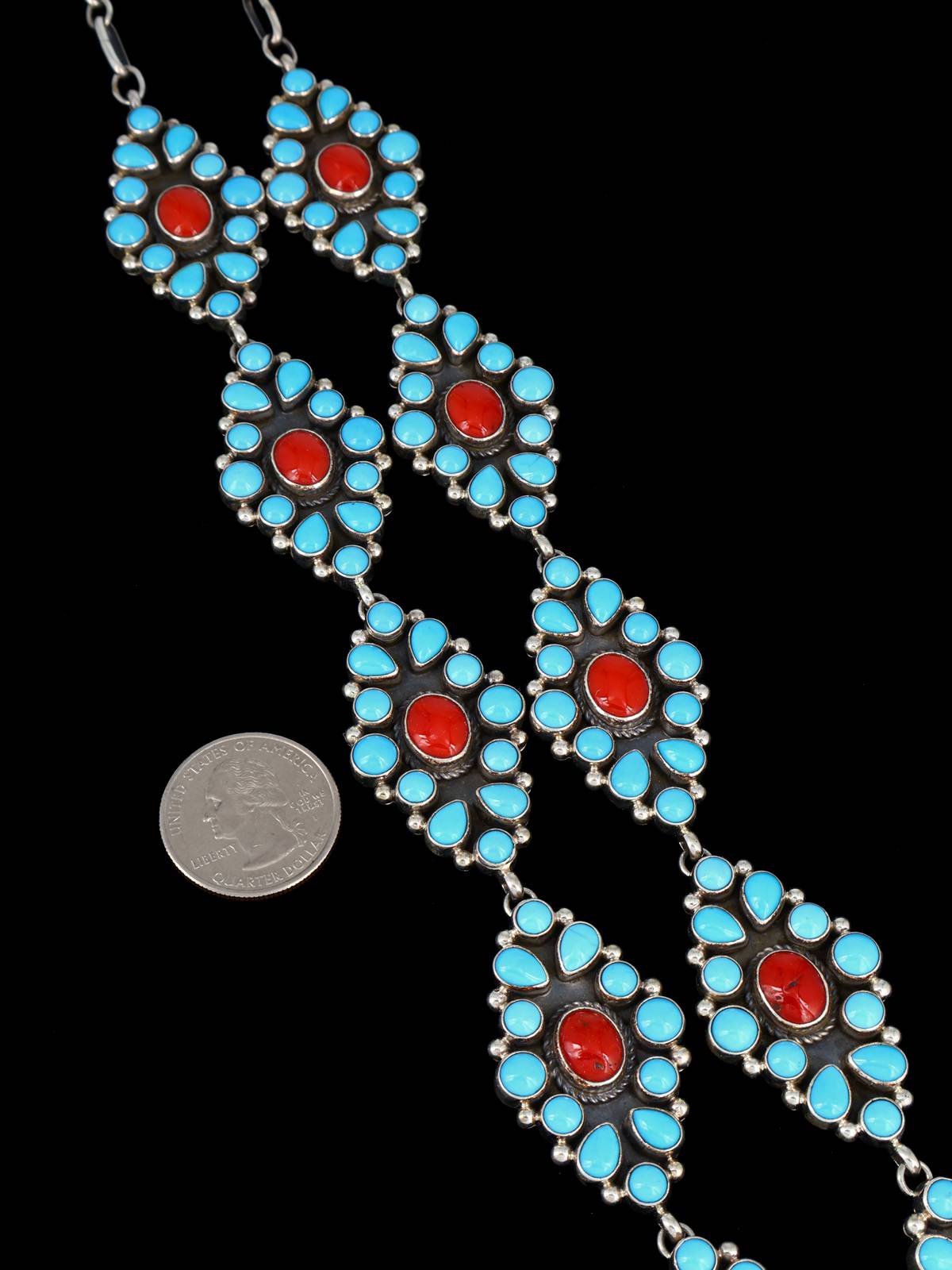 Navajo Sterling Silver Sleeping Beauty Turquoise and Coral Lariat Necklace - PuebloDirect.com