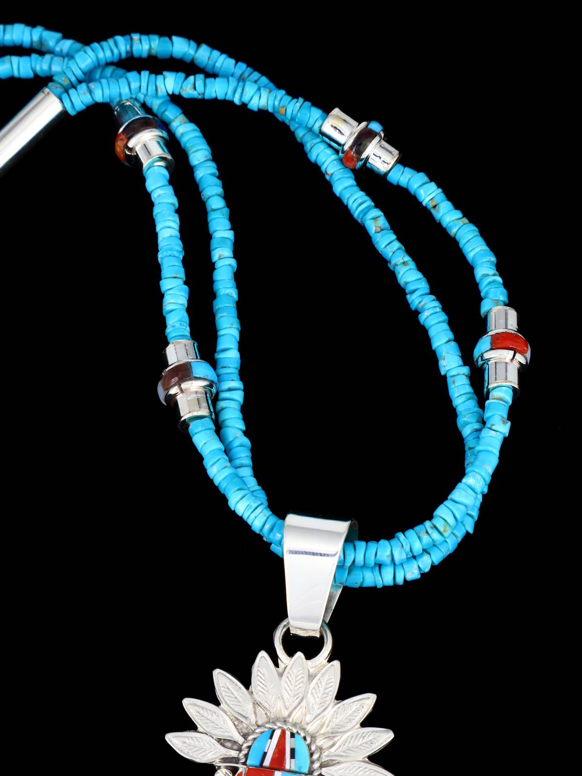 Turquoise Sterling Silver Zuni Inlay Chief Necklace - PuebloDirect.com