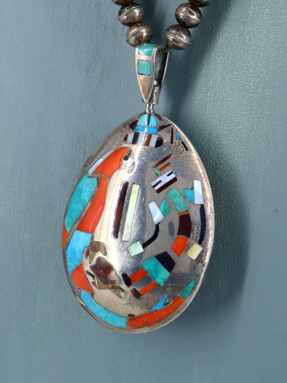 Estate Vintage Native Inlay Sterling Silver Spinner Pendant and Necklace - PuebloDirect.com