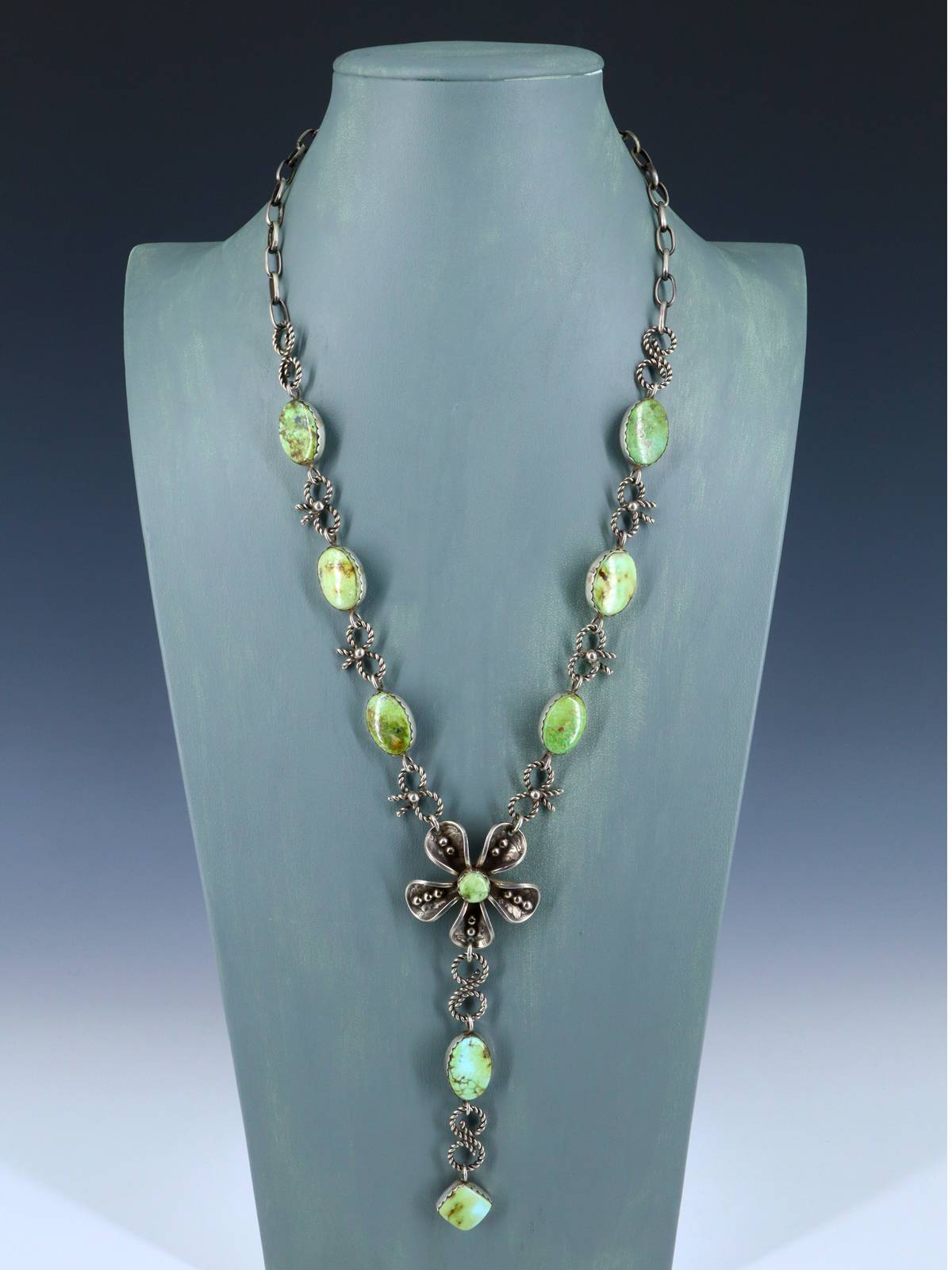 Native American Sterling Silver Palomino Variscite Lariat Flower Necklace - PuebloDirect.com
