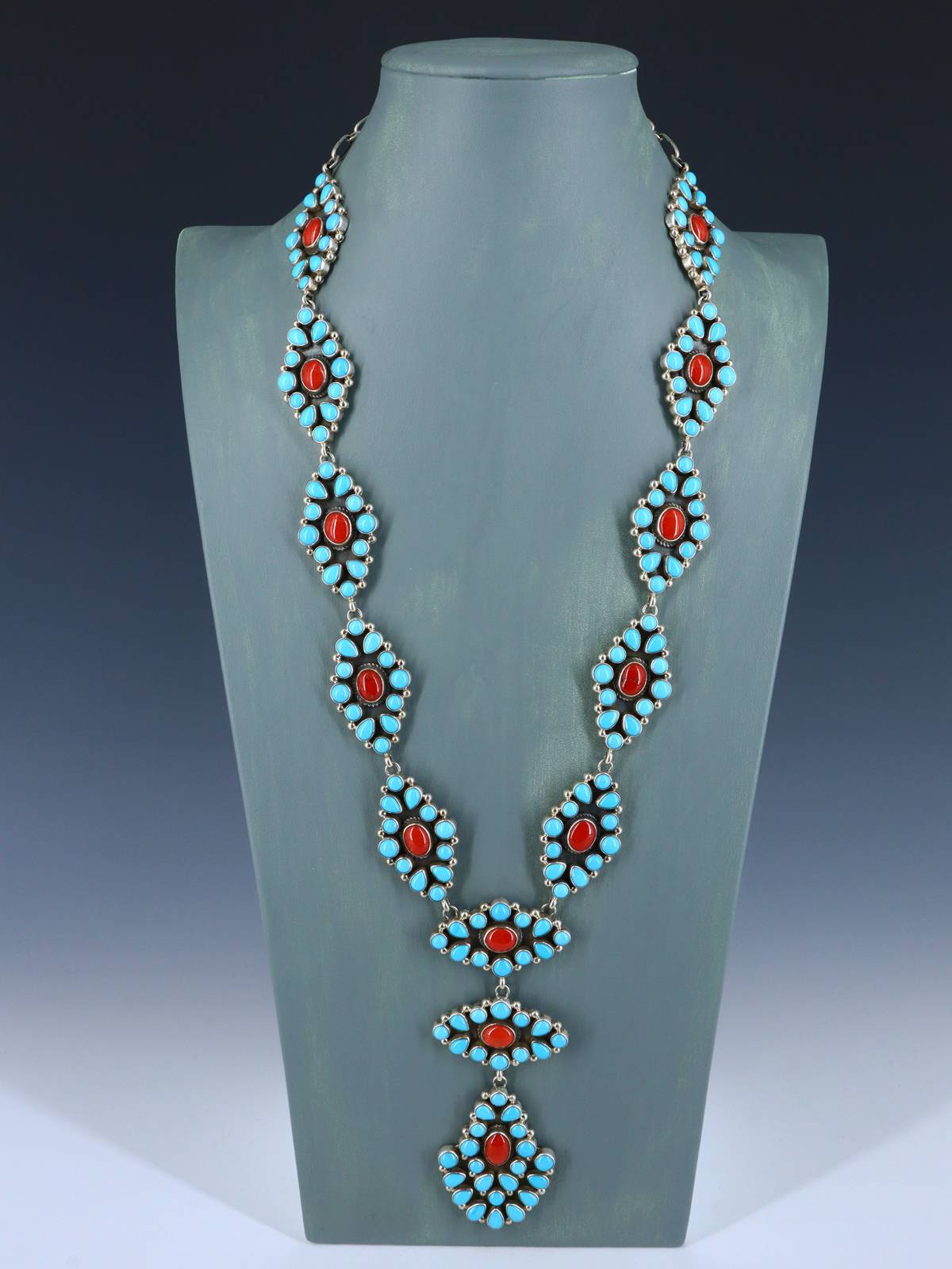 Navajo Sterling Silver Sleeping Beauty Turquoise and Coral Lariat Necklace - PuebloDirect.com