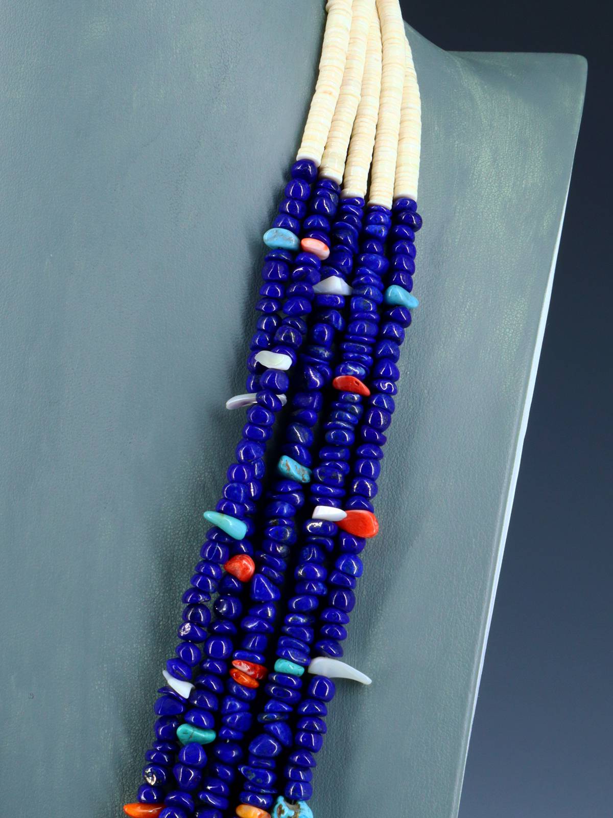 Santo Domingo Jewelry Five Strand Lapis Mosaic Jocla Necklace - PuebloDirect.com