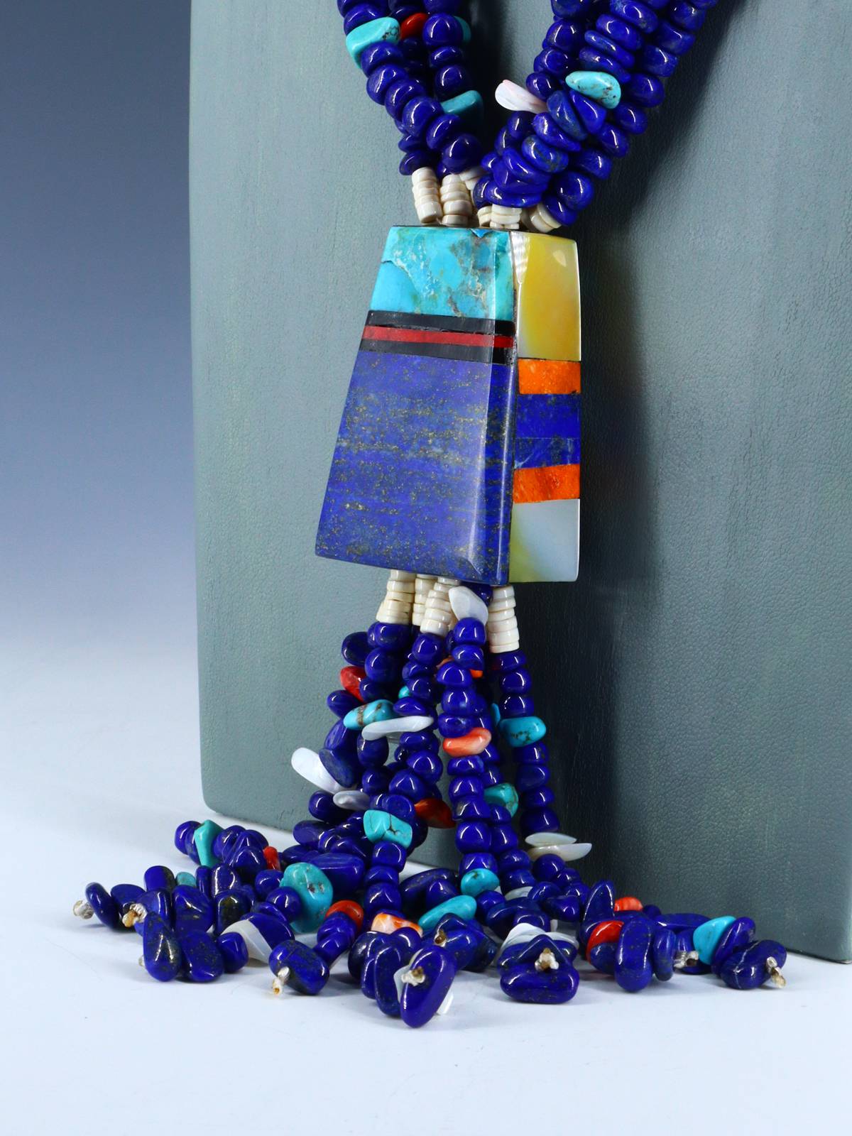 Santo Domingo Jewelry Five Strand Lapis Mosaic Jocla Necklace - PuebloDirect.com