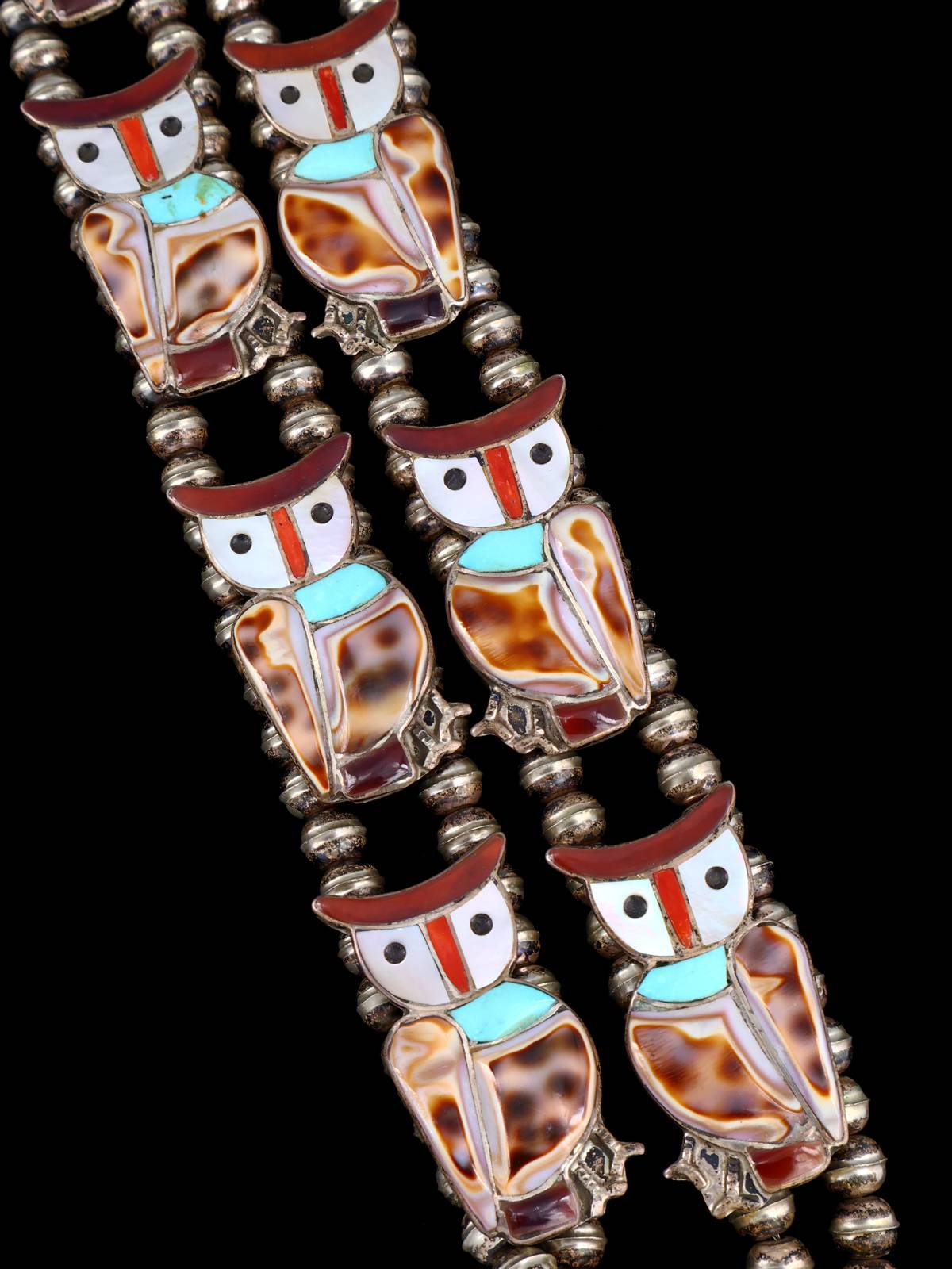 Vintage Zuni Inlay Sterling Silver Owl Squash Blossom Necklace - PuebloDirect.com