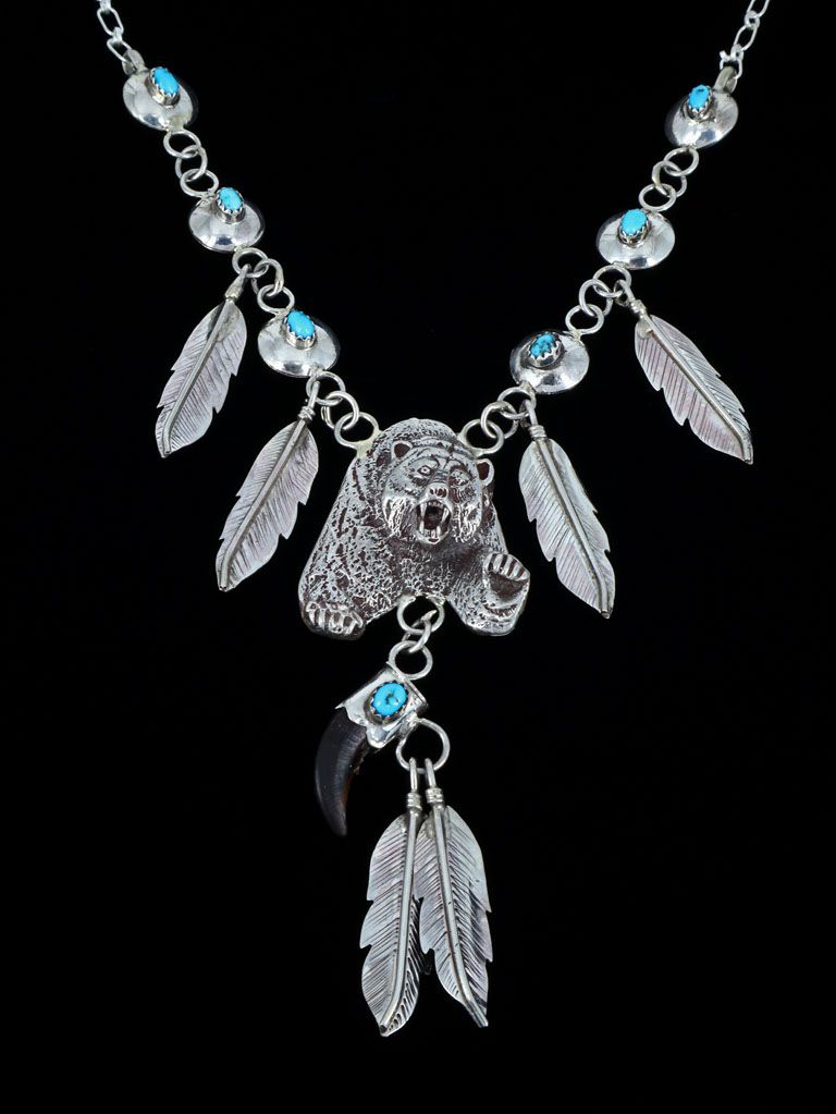 Navajo Sterling Silver Kingman Turquoise Bear Necklace - PuebloDirect.com
