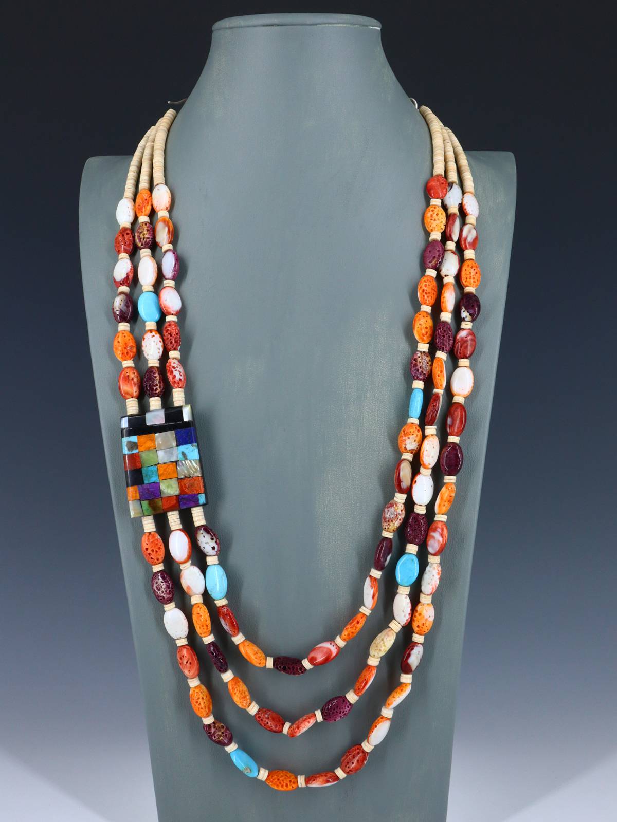 Native American Santo Domingo Spiny Oyster Mosaic Necklace - PuebloDirect.com