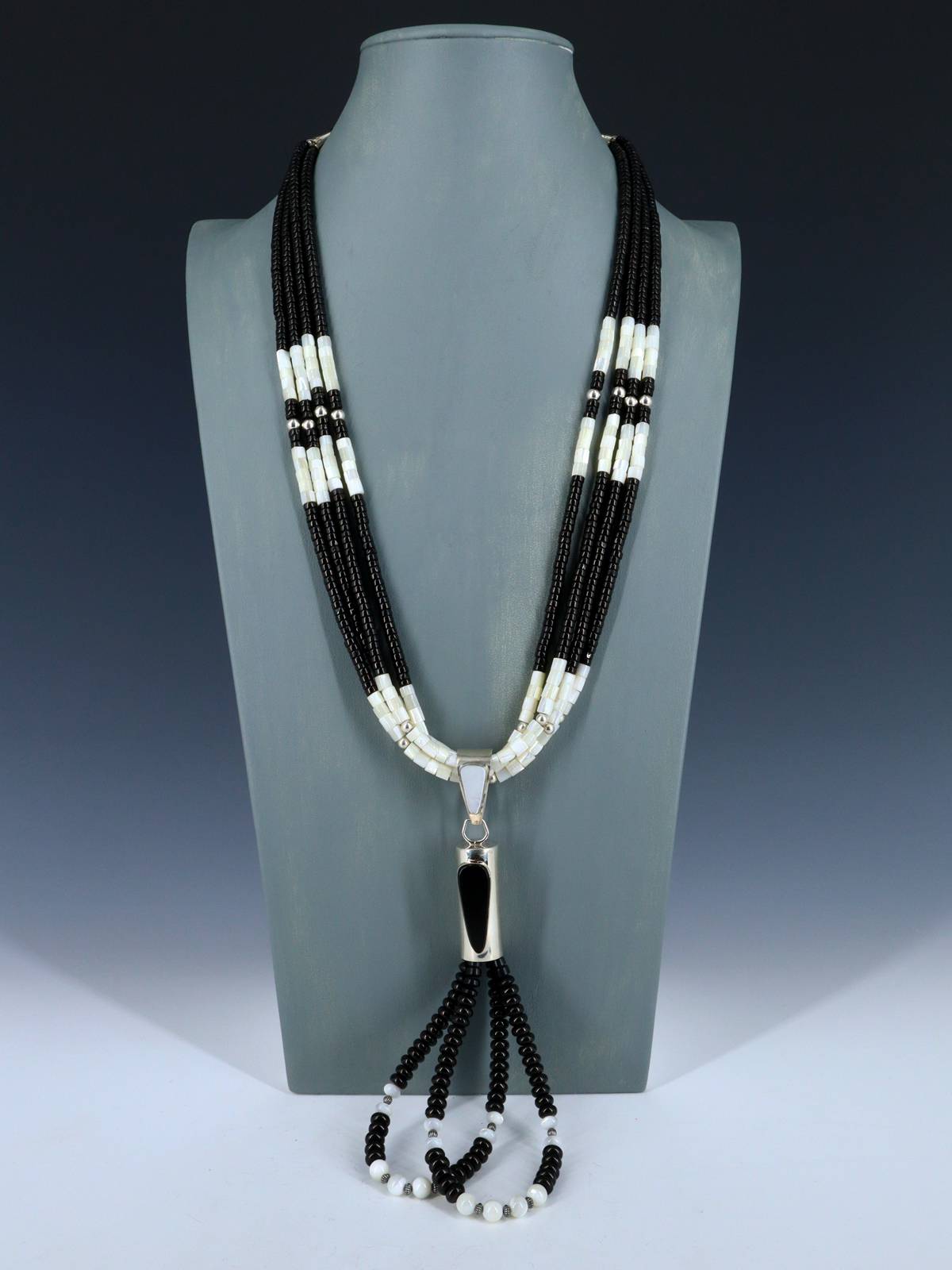 Santo Domingo Four Strand Onyx and Mother of Pearl Jocla Necklace - PuebloDirect.com
