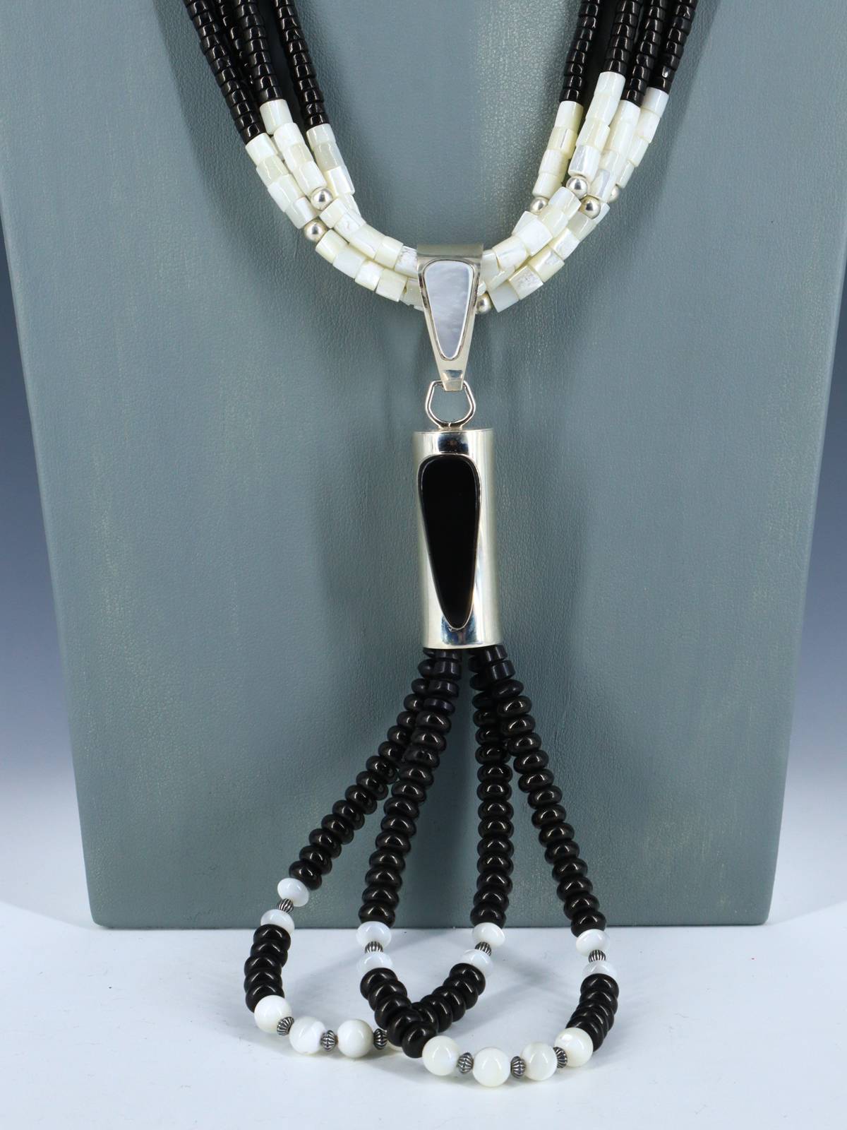 Santo Domingo Four Strand Onyx and Mother of Pearl Jocla Necklace - PuebloDirect.com