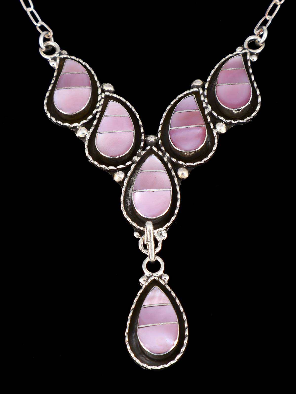 Sterling Silver Zuni Inlay Pink Shell Necklace and Earrings Set