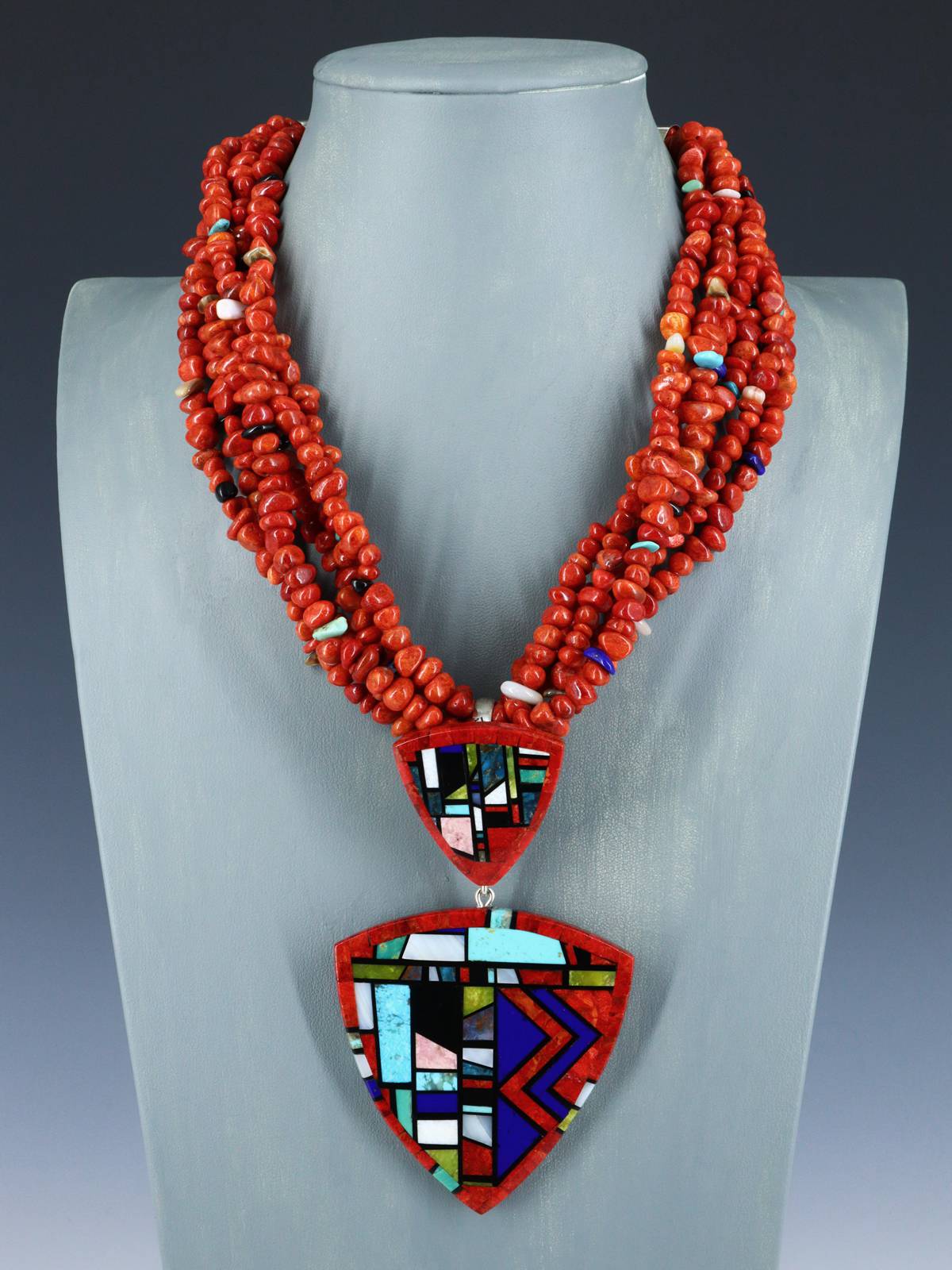 Native American Santo Domingo Mosaic Inlay Coral Necklace - PuebloDirect.com
