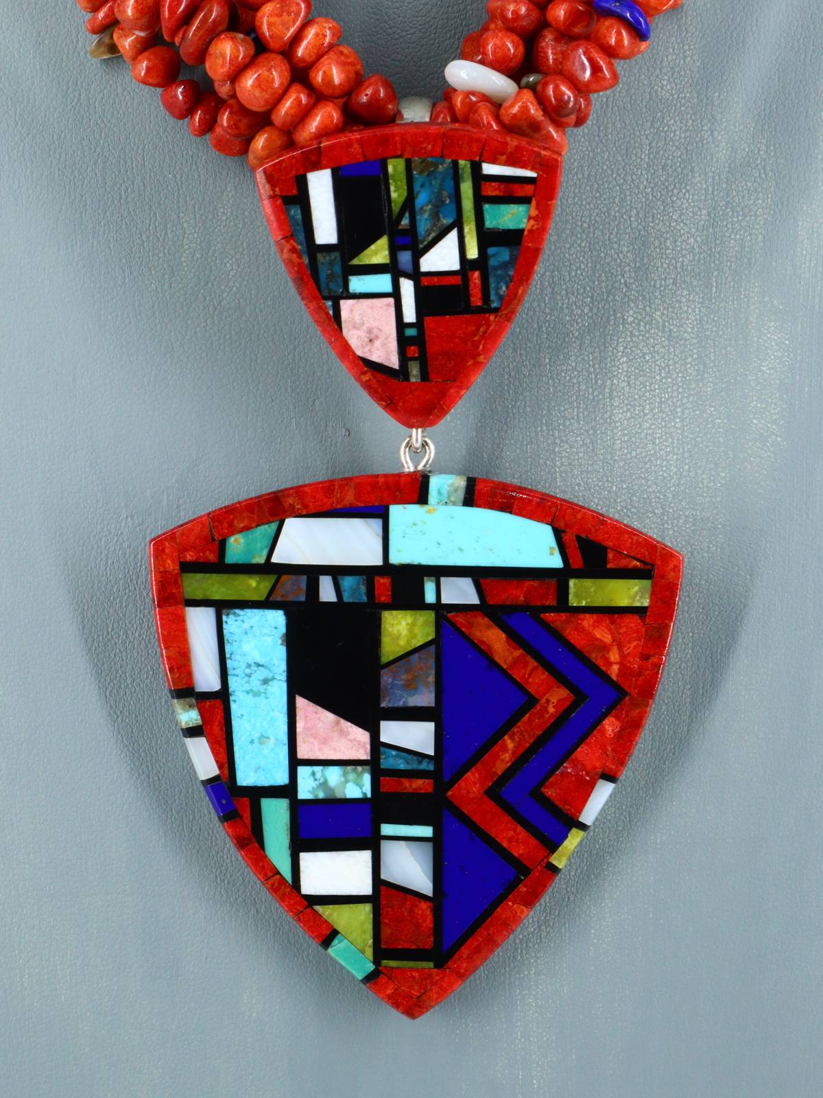 Native American Santo Domingo Mosaic Inlay Coral Necklace - PuebloDirect.com