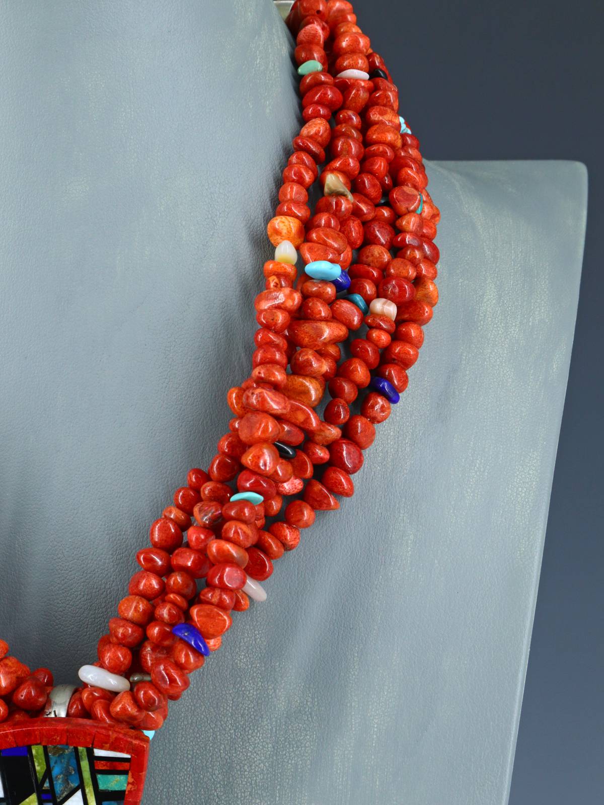 Native American Santo Domingo Mosaic Inlay Coral Necklace - PuebloDirect.com