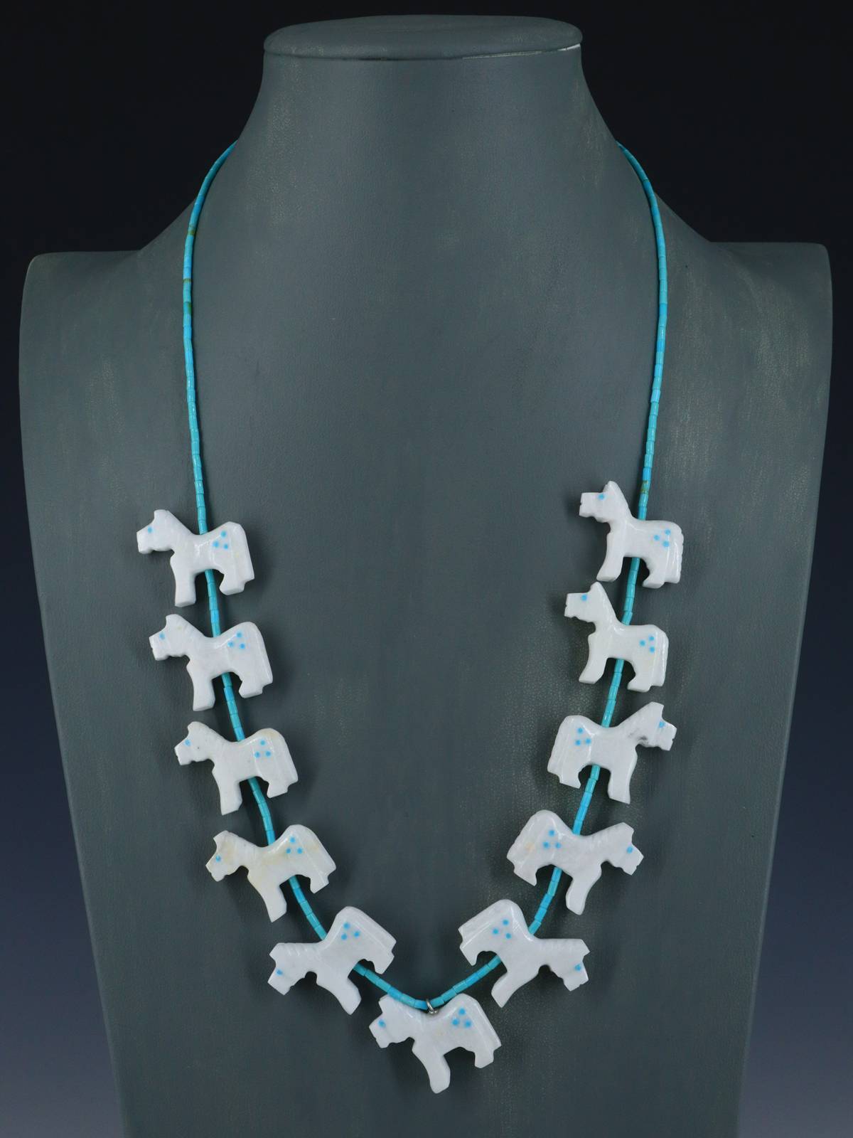 Native American White Marble Zuni Fetish Carved Horse Necklace Set - PuebloDirect.com
