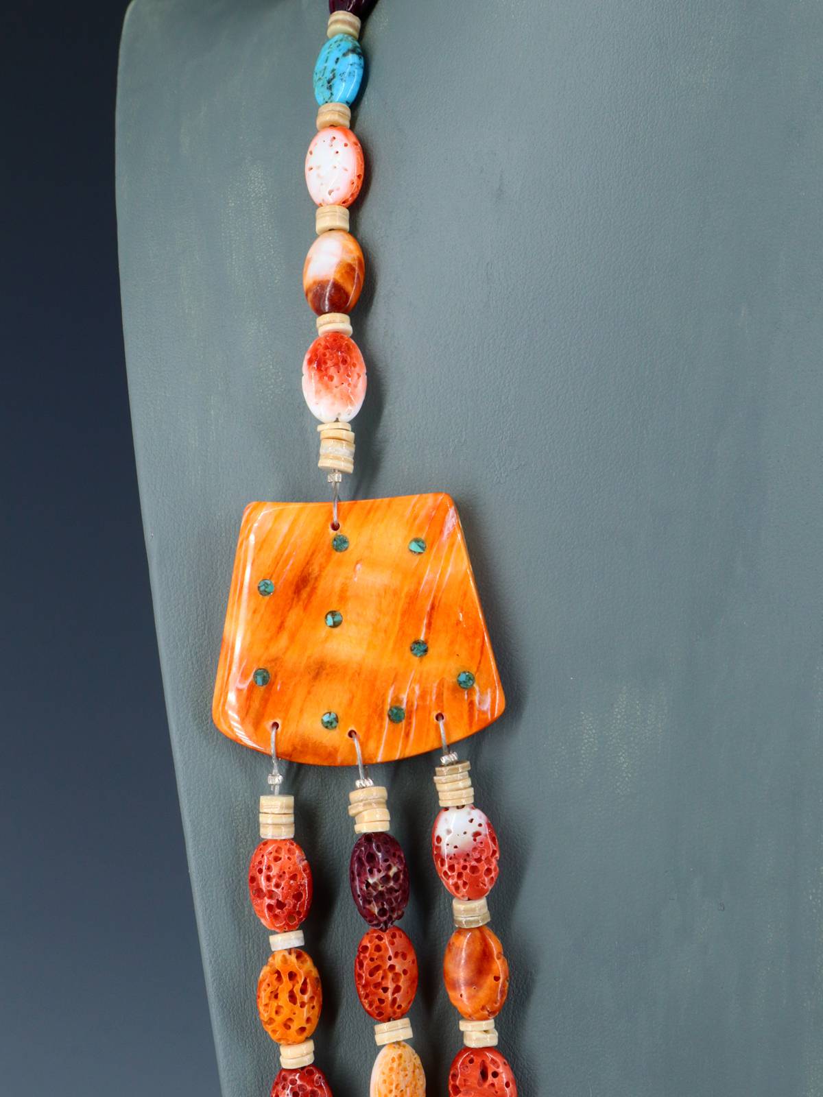 Native American Santo Domingo Spiny Oyster Mosaic Necklace - PuebloDirect.com