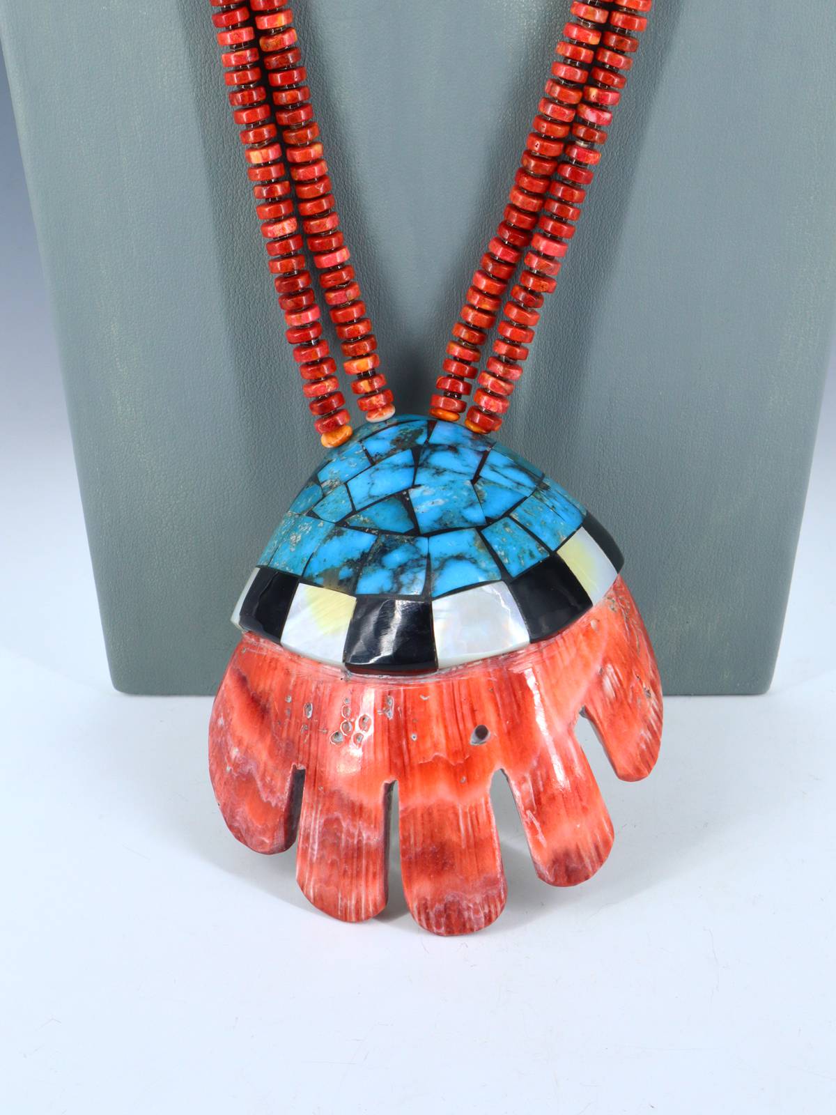 Native American Santo Domingo Apple Coral and Heishi Necklace with Inlaid Shell - PuebloDirect.com